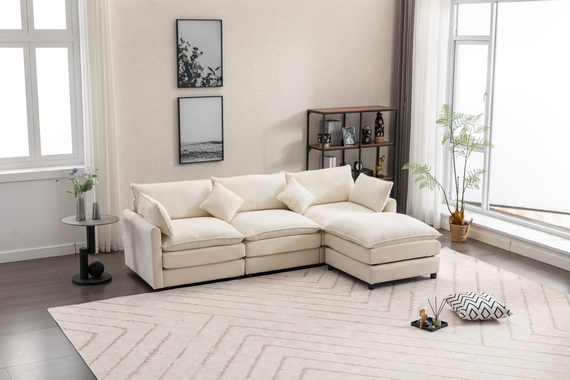 Modular Sectional Sofa, 100.39" X 34.65" 3 Seater Sofa With Ottoman, Modern L Shaped Sofa For Living Room Bedroom Apartment Beige Wood Fabric