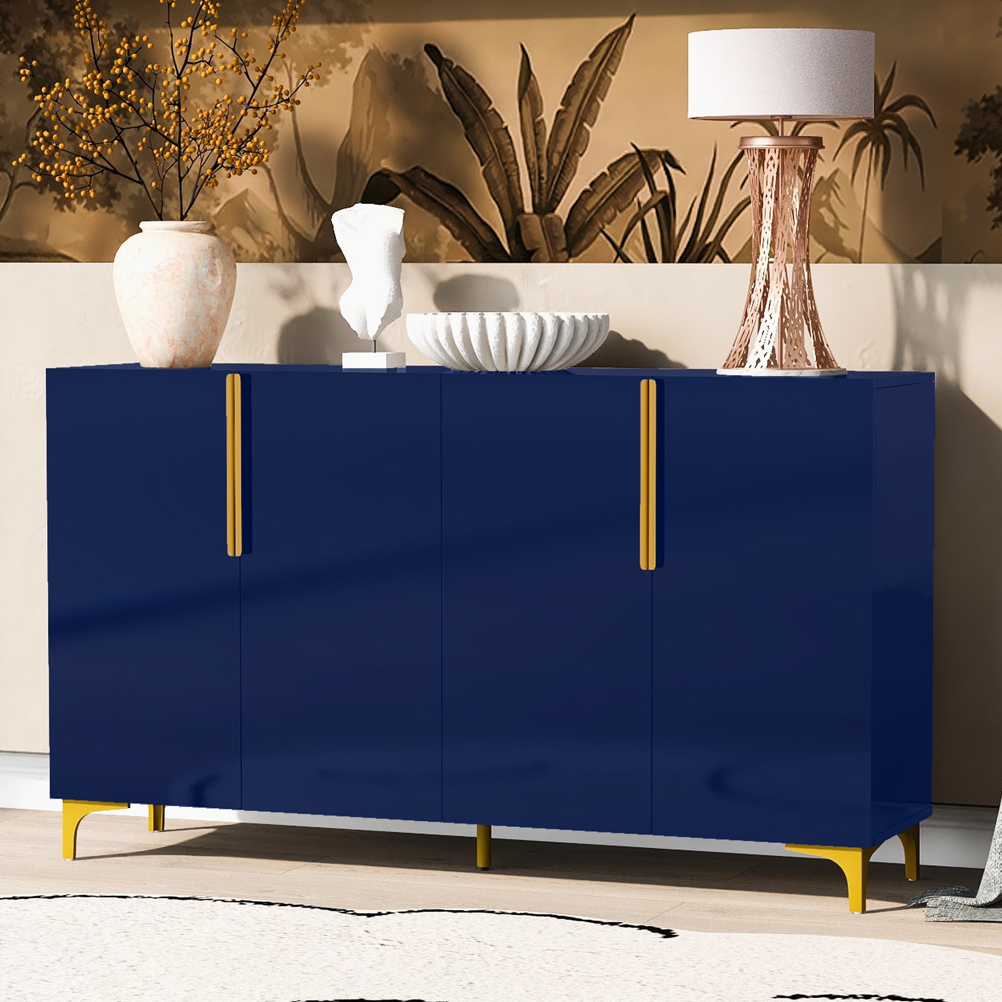 Glossy Finish Light Luxury Storage Cabinet, Adjustable, Suitable For Living Room, Study, Hallway. Navy Blue Mdf