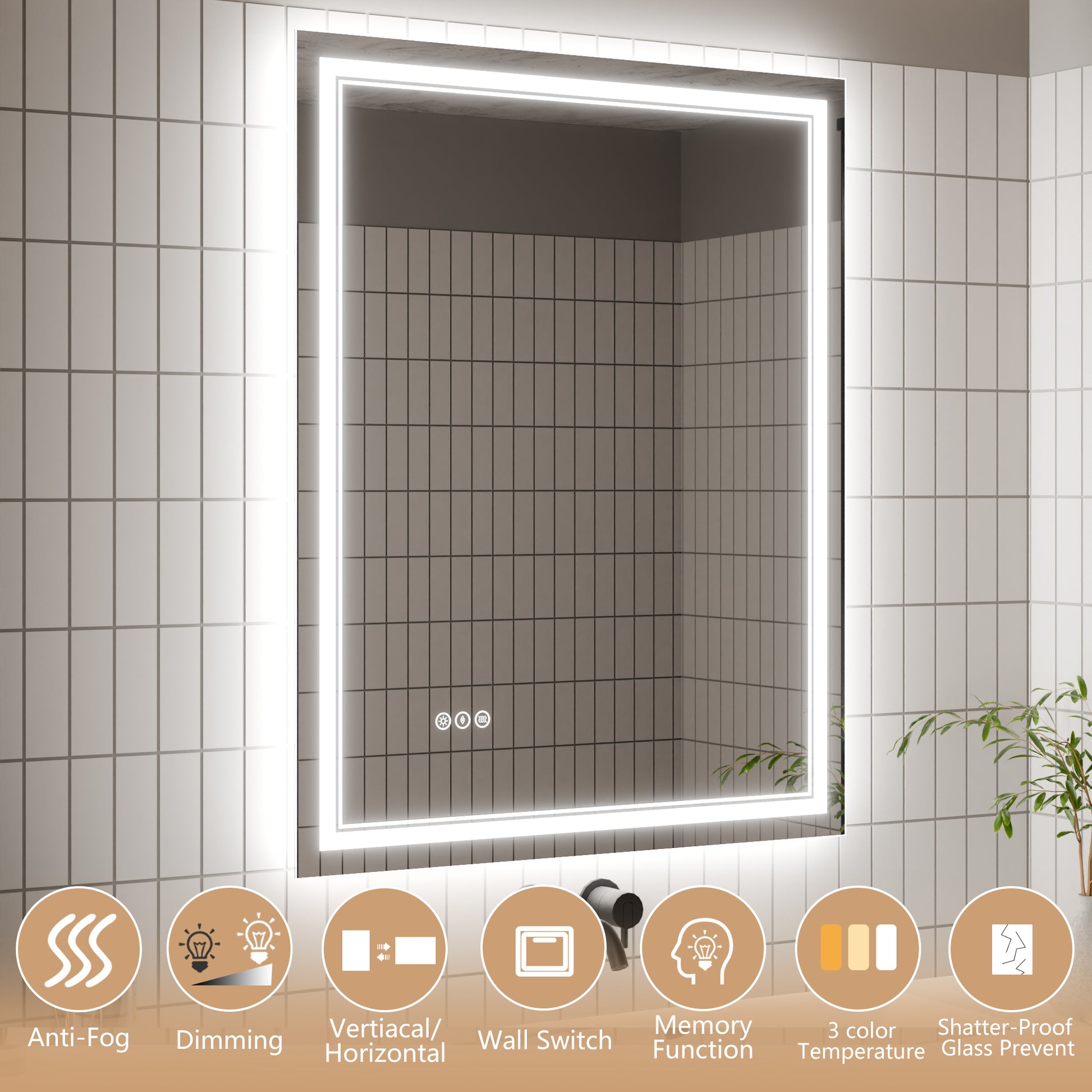 Led Bathroom Mirror, 32X40 Inch Bathroom Vanity Mirrors With Lights, Mirrors For Wall With Smart Touch Button, Anti Fog, Memory Function, Stepless Dimmable Makeup Mirror Horizontal Vertical White Aluminium