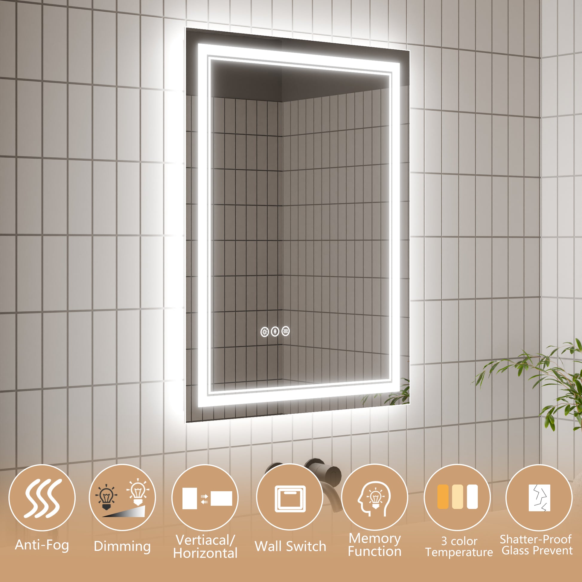 Led Bathroom Mirror, 24X32 Inch Bathroom Vanity Mirrors With Lights, Mirrors For Wall With Smart Touch Button, Anti Fog, Memory Function, Stepless Dimmable Makeup Mirror Horizontal Vertical White Aluminium