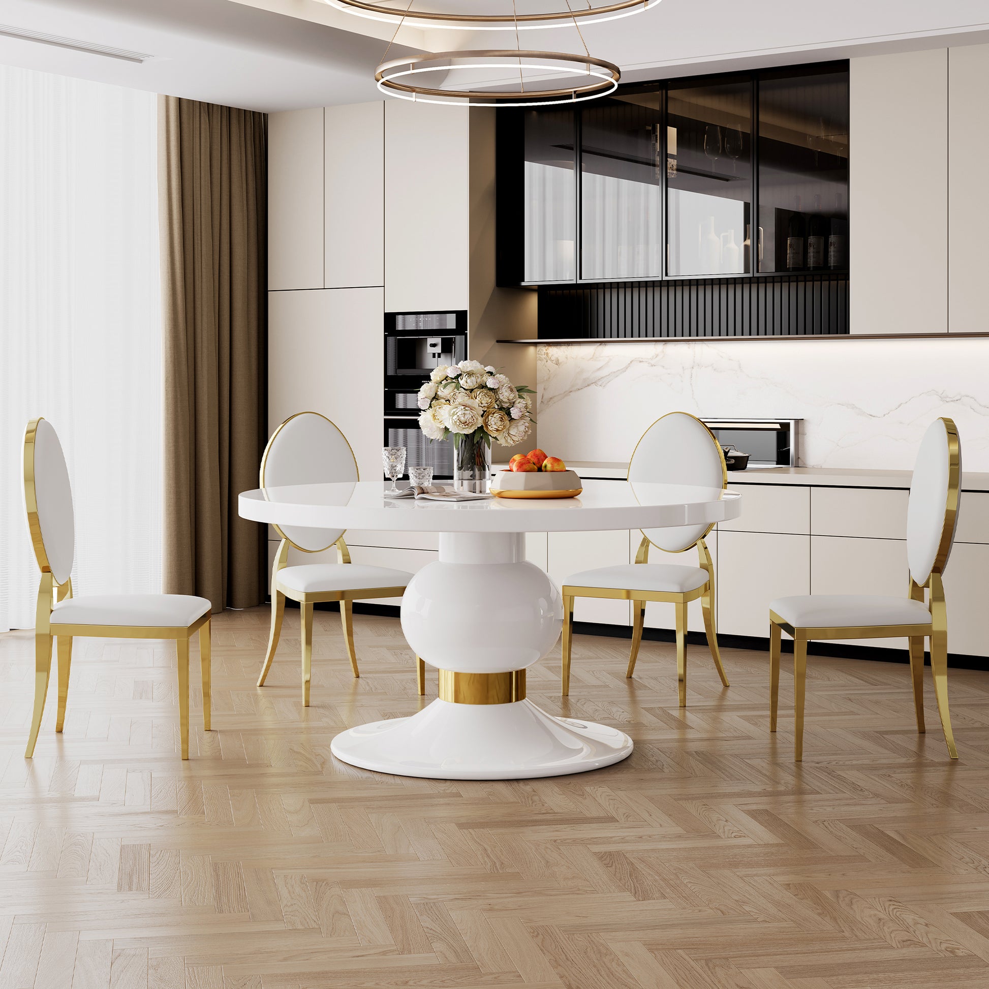 59" Round White Mdf Dining Table, Base With Gold Finish Stainless Steel Circle White Gold Mdf