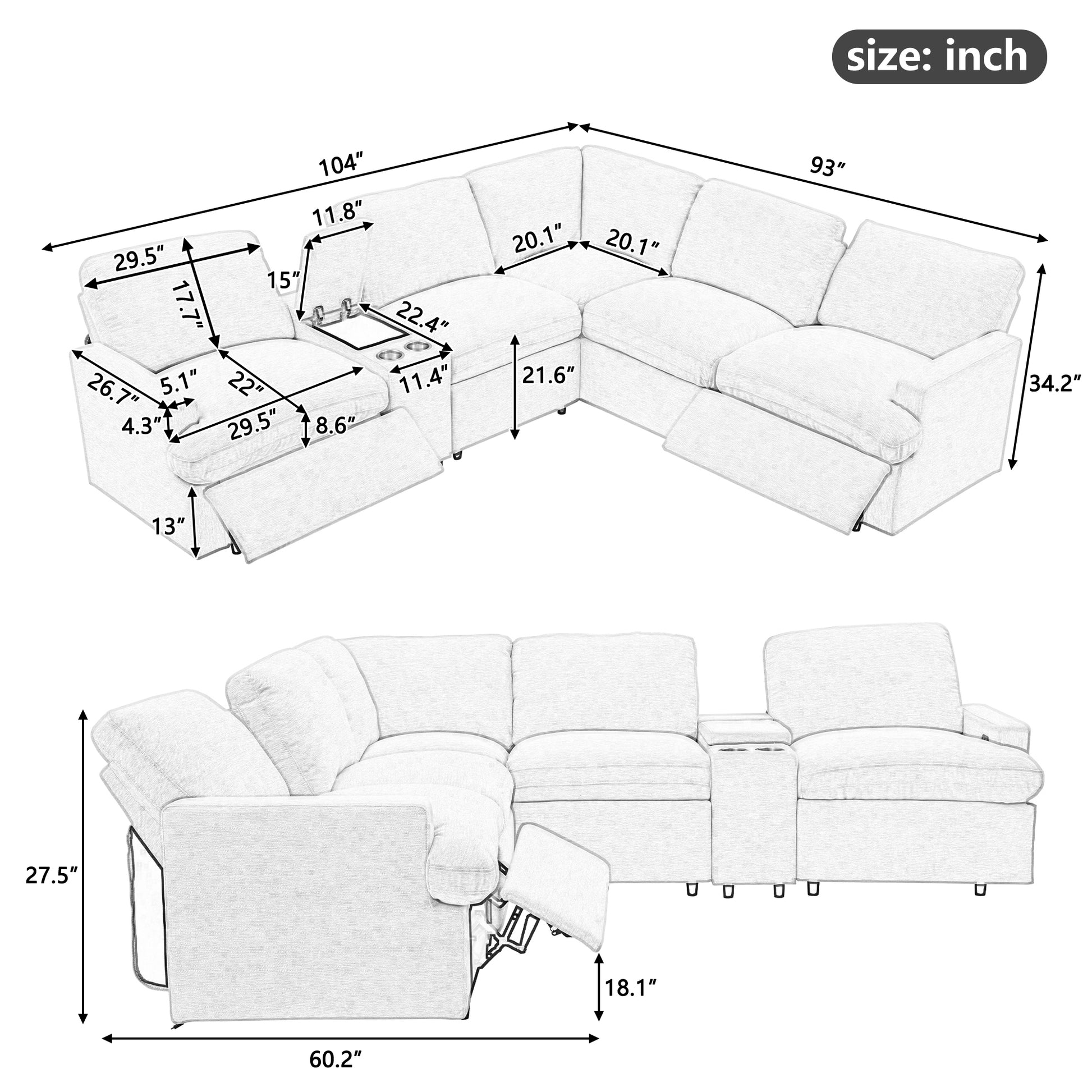 104'' Power Recliner Corner Sofa Home Theater Reclining Sofa Sectional Couches With Storage Box, Cup Holders, Usb Ports And Power Socket For Living Room, Beige Beige Foam Linen 4 Seat