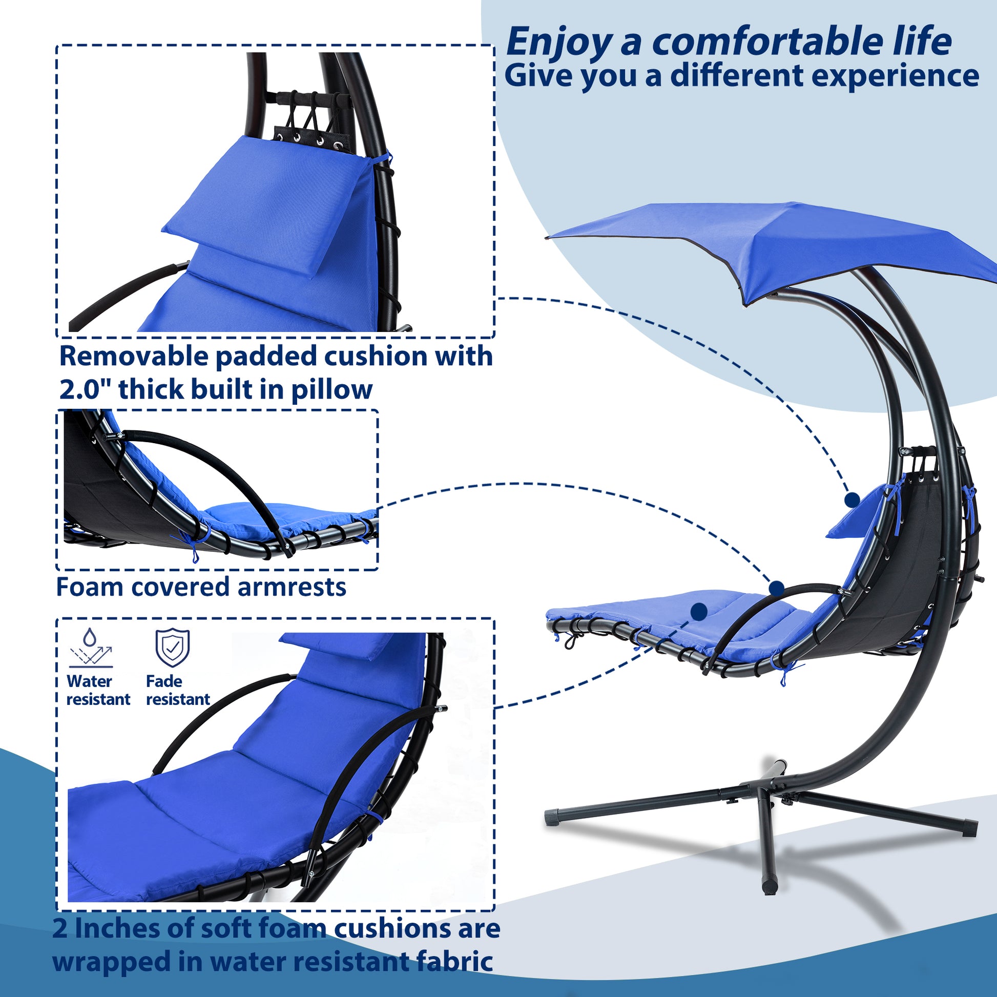 Hanging Chaise Lounger With Removable Canopy, Outdoor Swing Chair With Built In Pillow, Hanging Curved Chaise Lounge Chair Swing For Patio Porch Poolside, Hammock Chair With Stand Navt Navy Metal