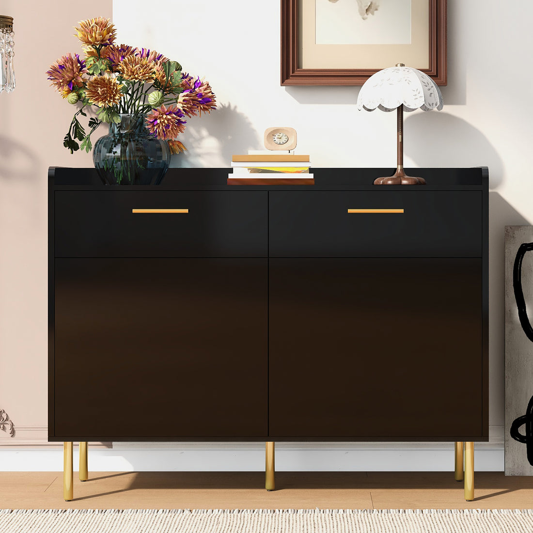 Wooden Storage Cabinet With Drawers, Steel Pipe Table Legs, Suitable For Hallway, Study, Living Room. Black Mdf