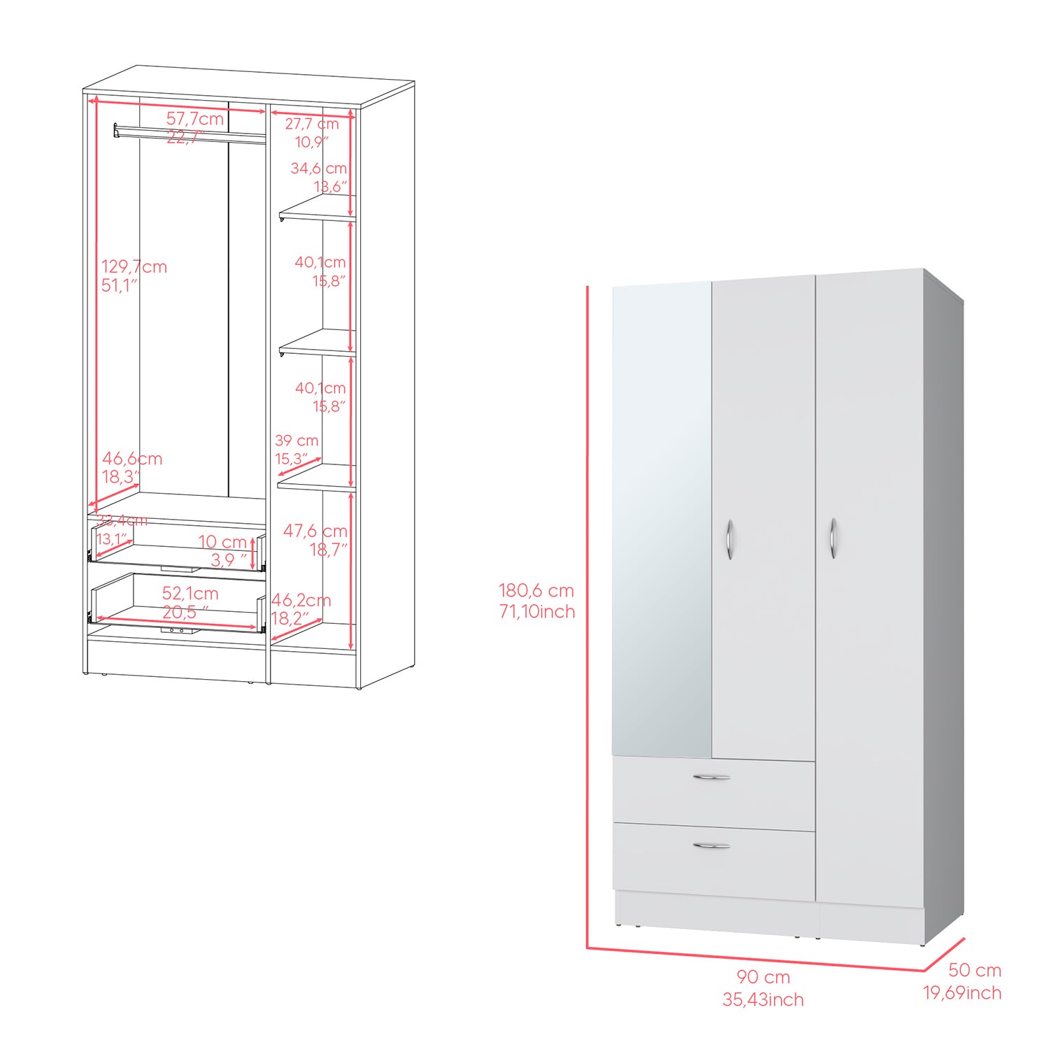 Armoire Haddam, Bedroom, White White Particle Board Engineered Wood