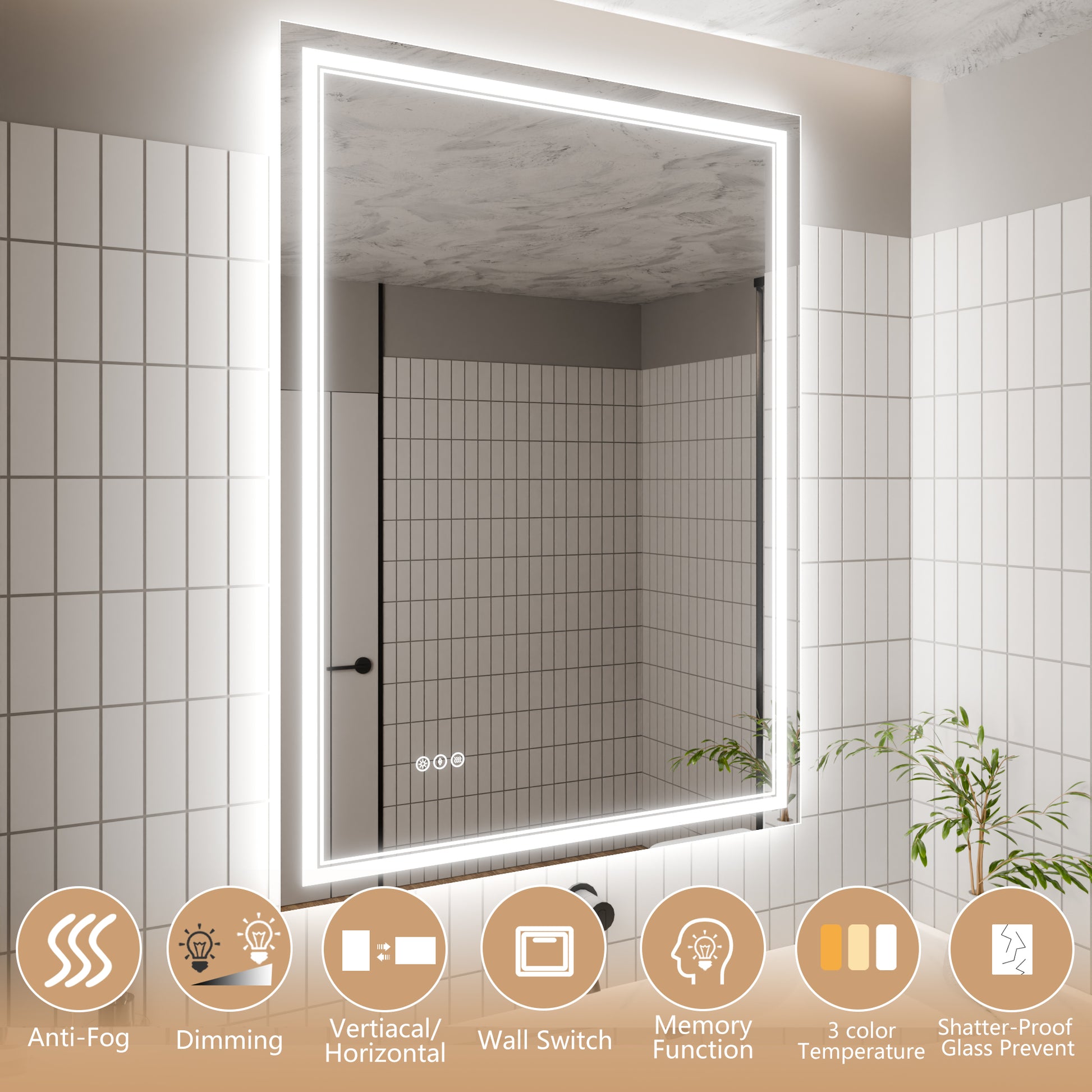 Led Bathroom Mirror, 36X48 Inch Bathroom Vanity Mirrors With Lights, Mirrors For Wall With Smart Touch Button, Anti Fog, Memory Function, Stepless Dimmable Makeup Mirror Horizontal Vertical White Aluminium