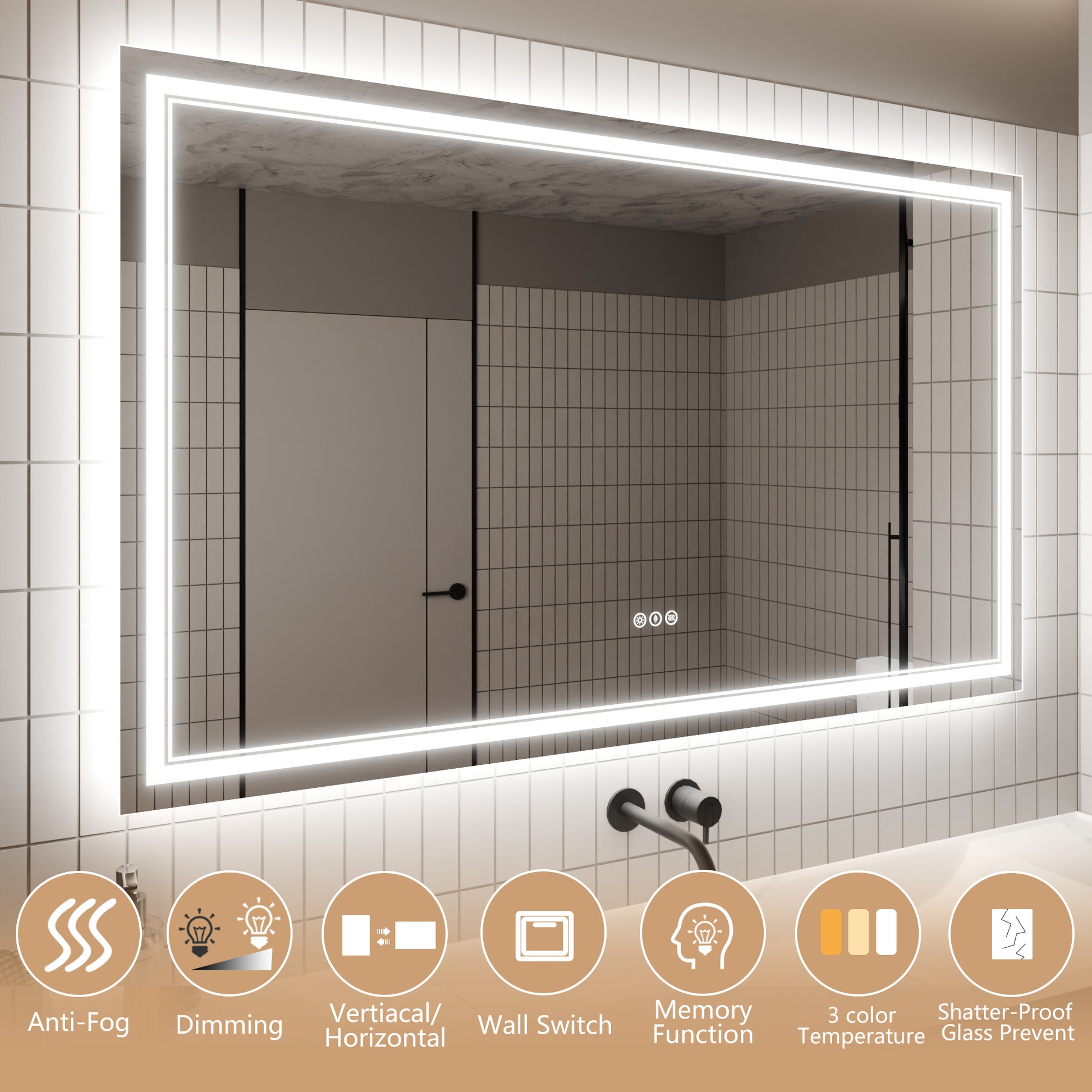 Led Bathroom Mirror, 36X60 Inch Bathroom Vanity Mirrors With Lights, Mirrors For Wall With Smart Touch Button, Anti Fog, Memory Function, Stepless Dimmable Makeup Mirror Horizontal Vertical White Aluminium