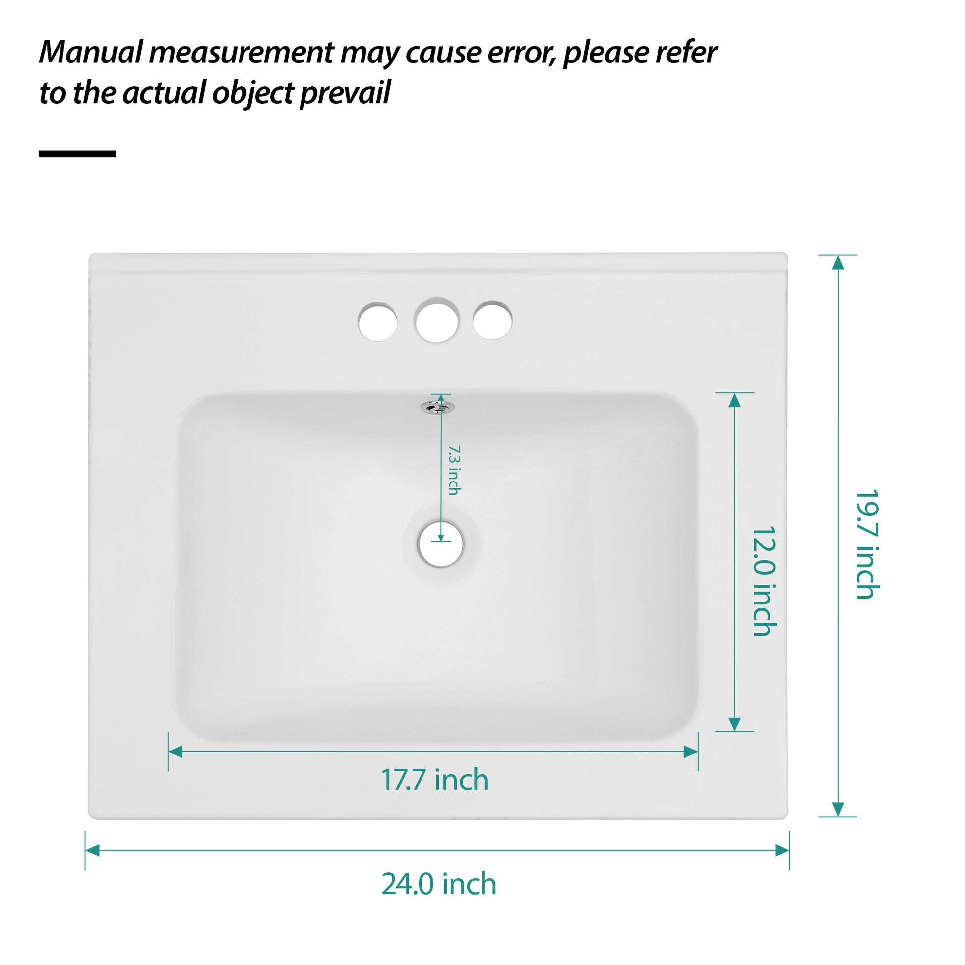 24"X19.7" White Rectangular Single Vanity Top With 3 Faucet Hole And Overflow Sink Only White Ceramic