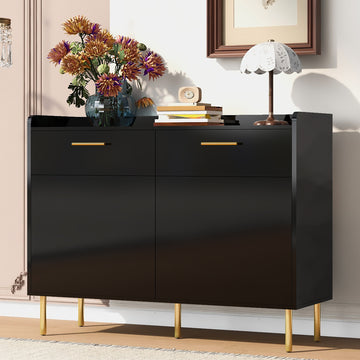 Wooden Storage Cabinet With Drawers, Steel Pipe Table Legs, Suitable For Hallway, Study, Living Room. Black Mdf