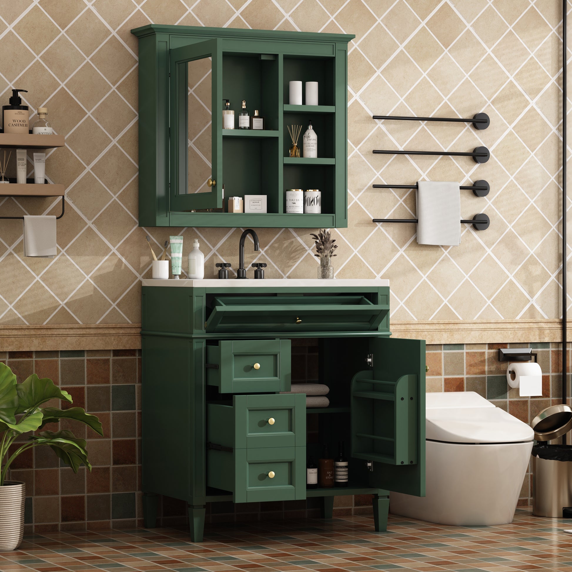 30'' Bathroom Vanity With Top Sink, Modern Bathroom Storage Cabinet With 2 Drawers And A Tip Out Drawer, Freestanding Vanity Set With Mirror Cabinet, Single Sink Bathroom Vanity 3 Green 2 5 Bathroom Freestanding Solid Wood Mdf Resin Painted