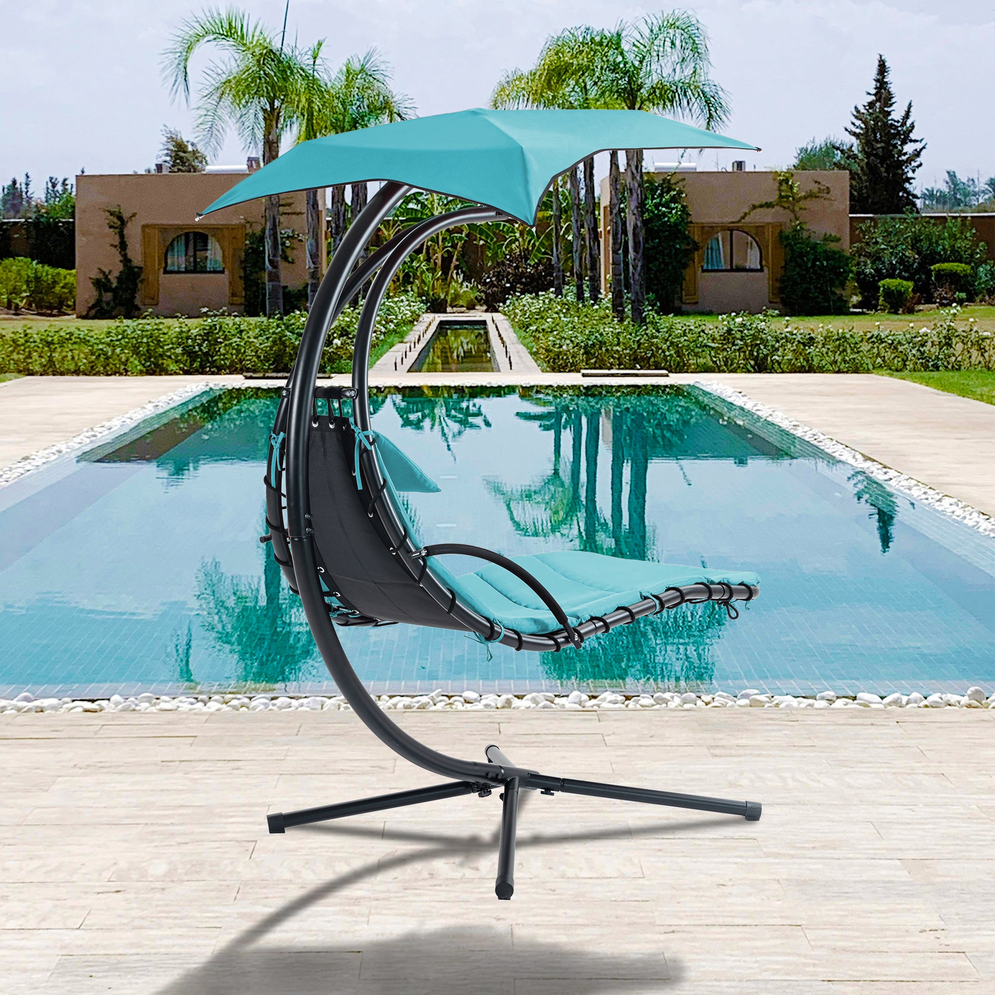 Hanging Chaise Lounger with Removable Canopy, Outdoor blue-metal