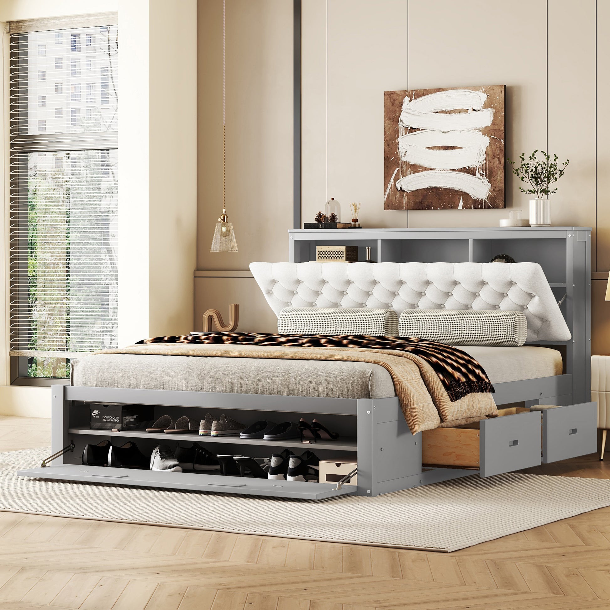 Wood Queen Size Platform Bed With Storage Headboard, Shoe Rack And 4 D display picture 1