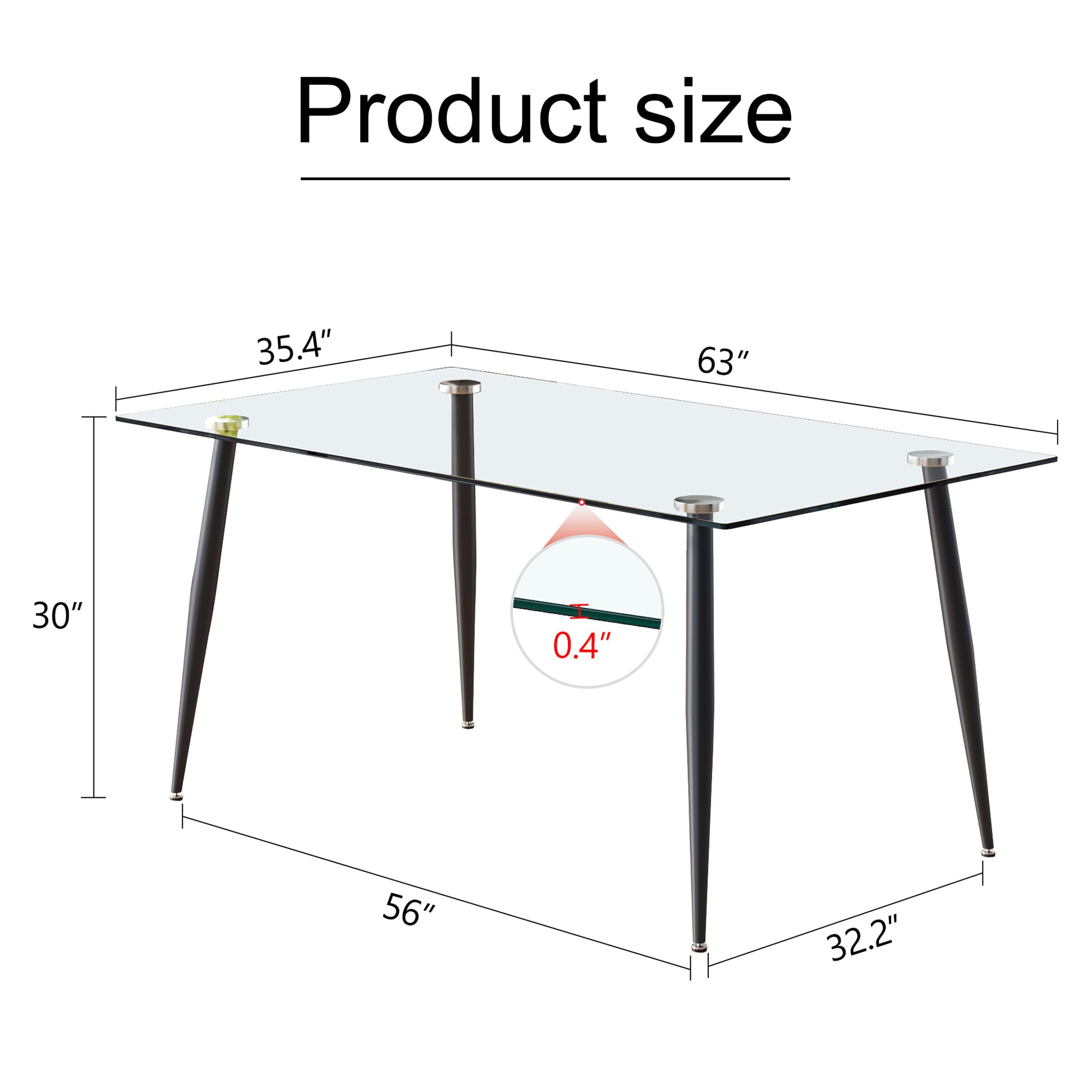 Modern Minimalist Rectangular Transparent Tempered Glass Dining Table, 0.4 Inches Thick, Black Metal Legs, Suitable For Kitchen, Dining Room, And Living Room 63 "* 35.4" * 30 " Dt 1544 Transparent Glass