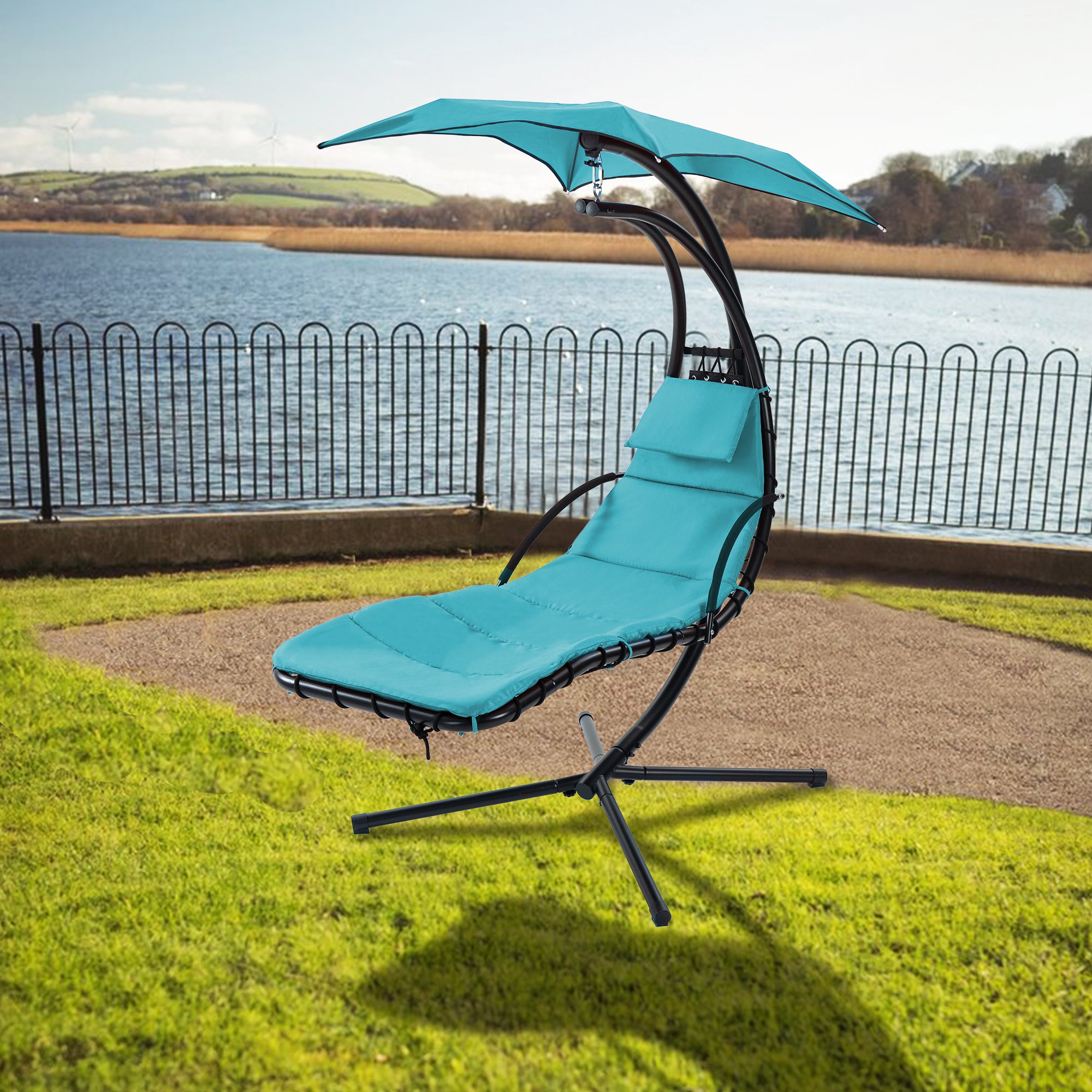 Hanging Chaise Lounger with Removable Canopy, Outdoor blue-metal