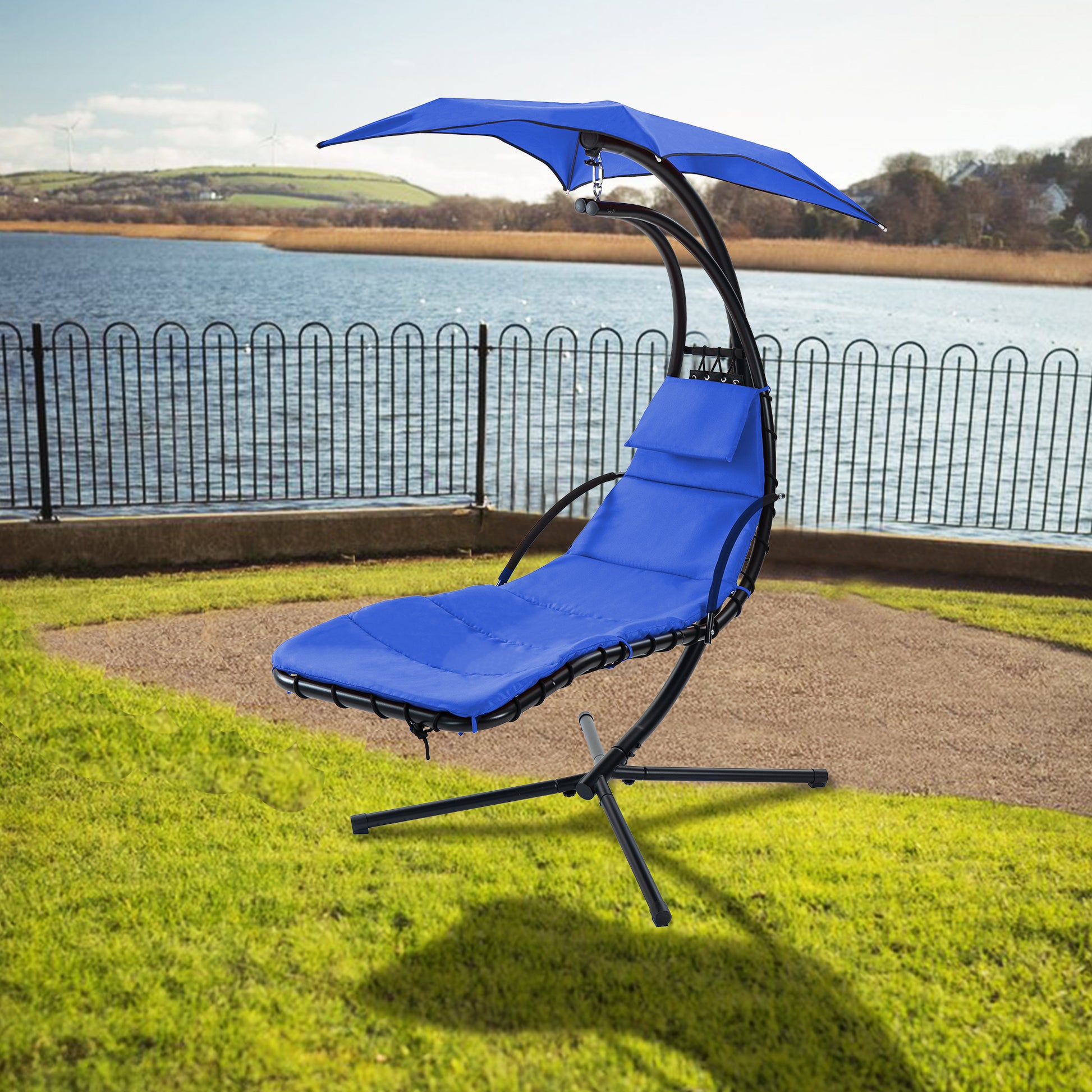 Hanging Chaise Lounger With Removable Canopy, Outdoor Swing Chair With Built In Pillow, Hanging Curved Chaise Lounge Chair Swing For Patio Porch Poolside, Hammock Chair With Stand Navt Navy Metal