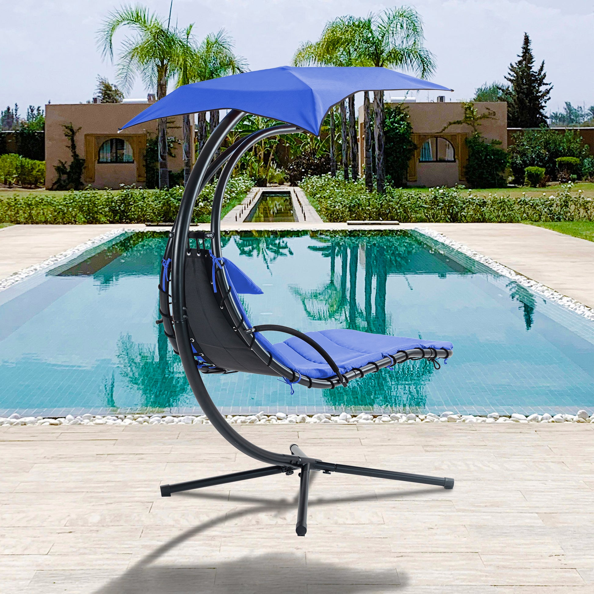 Hanging Chaise Lounger With Removable Canopy, Outdoor Swing Chair With Built In Pillow, Hanging Curved Chaise Lounge Chair Swing For Patio Porch Poolside, Hammock Chair With Stand Navt Navy Metal