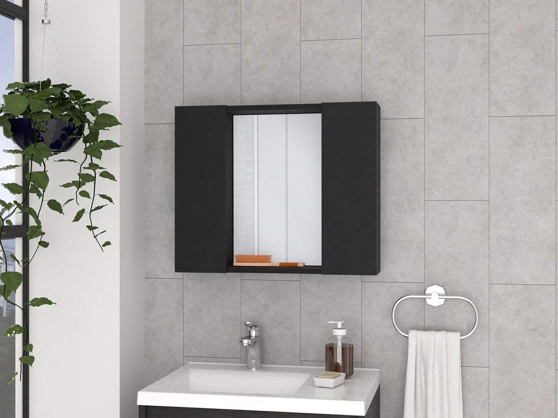 Medicine Cabinet Hops, Double Door, Mirror, One External Shelf, Black Wengue Finish Black Particle Board