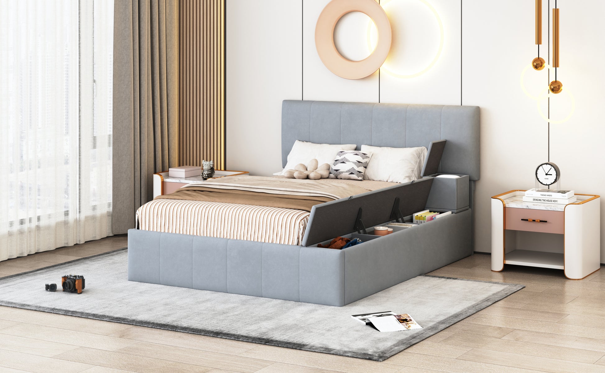 Full Size Upholstered Platform Bed With Lateral Storage Compartments And Thick Fabric, Velvet, Gray Gray Velvet