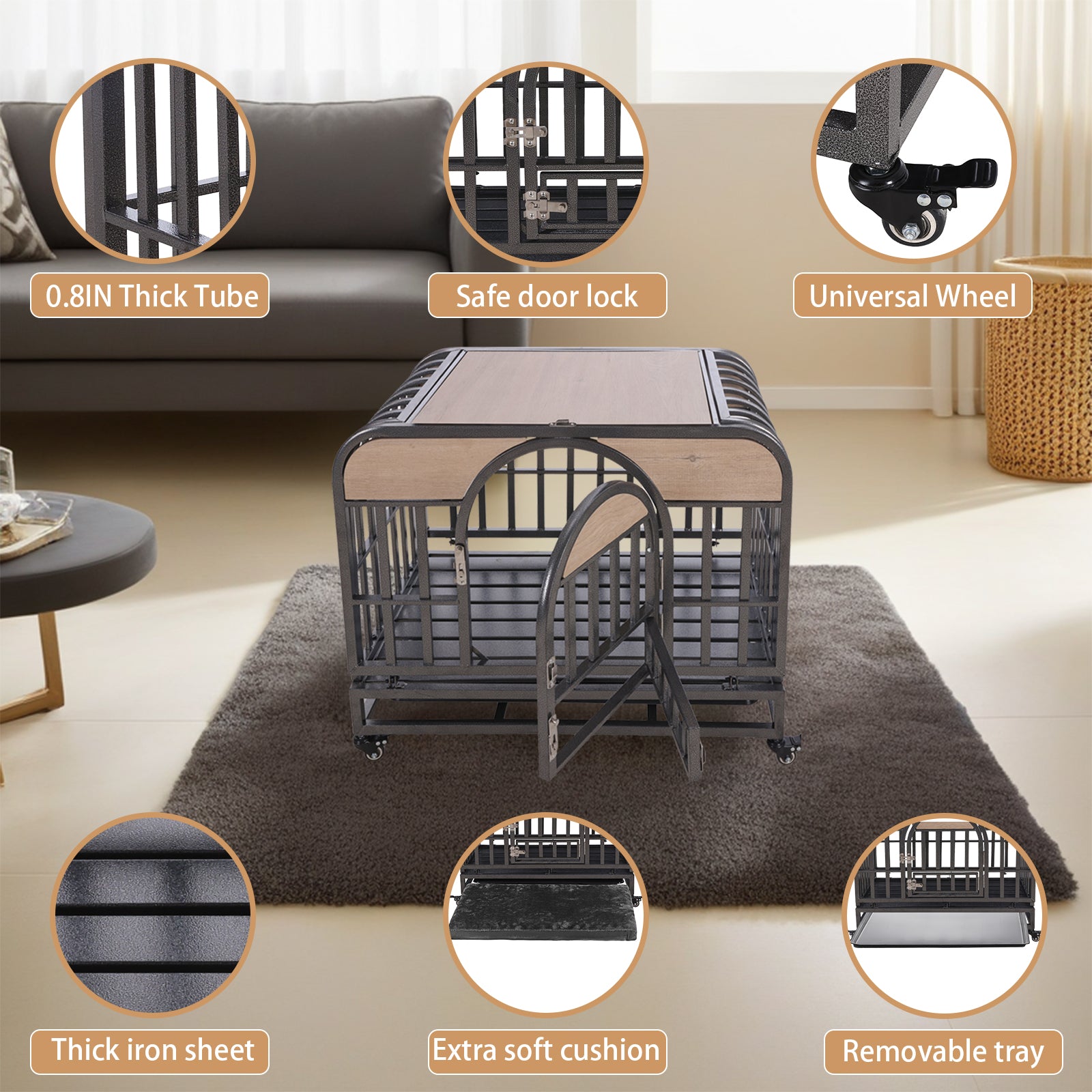 46In Heavy Duty Dog Crate, Furniture Style Dog Crate With Removable Trays And Wheels For High Anxiety Dogs Grey Abs Abs