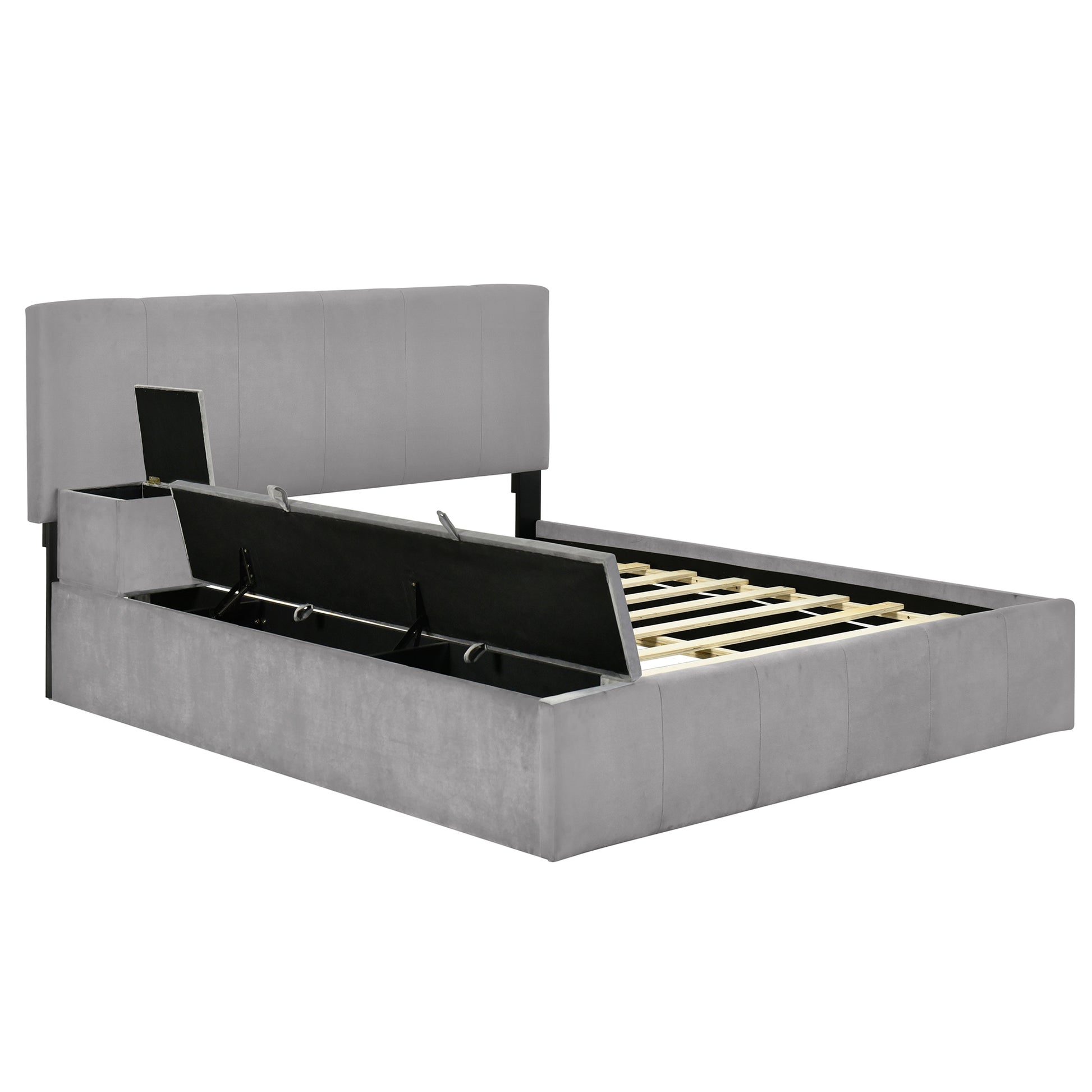 Full Size Upholstered Platform Bed With Lateral Storage Compartments And Thick Fabric, Velvet, Gray Gray Velvet