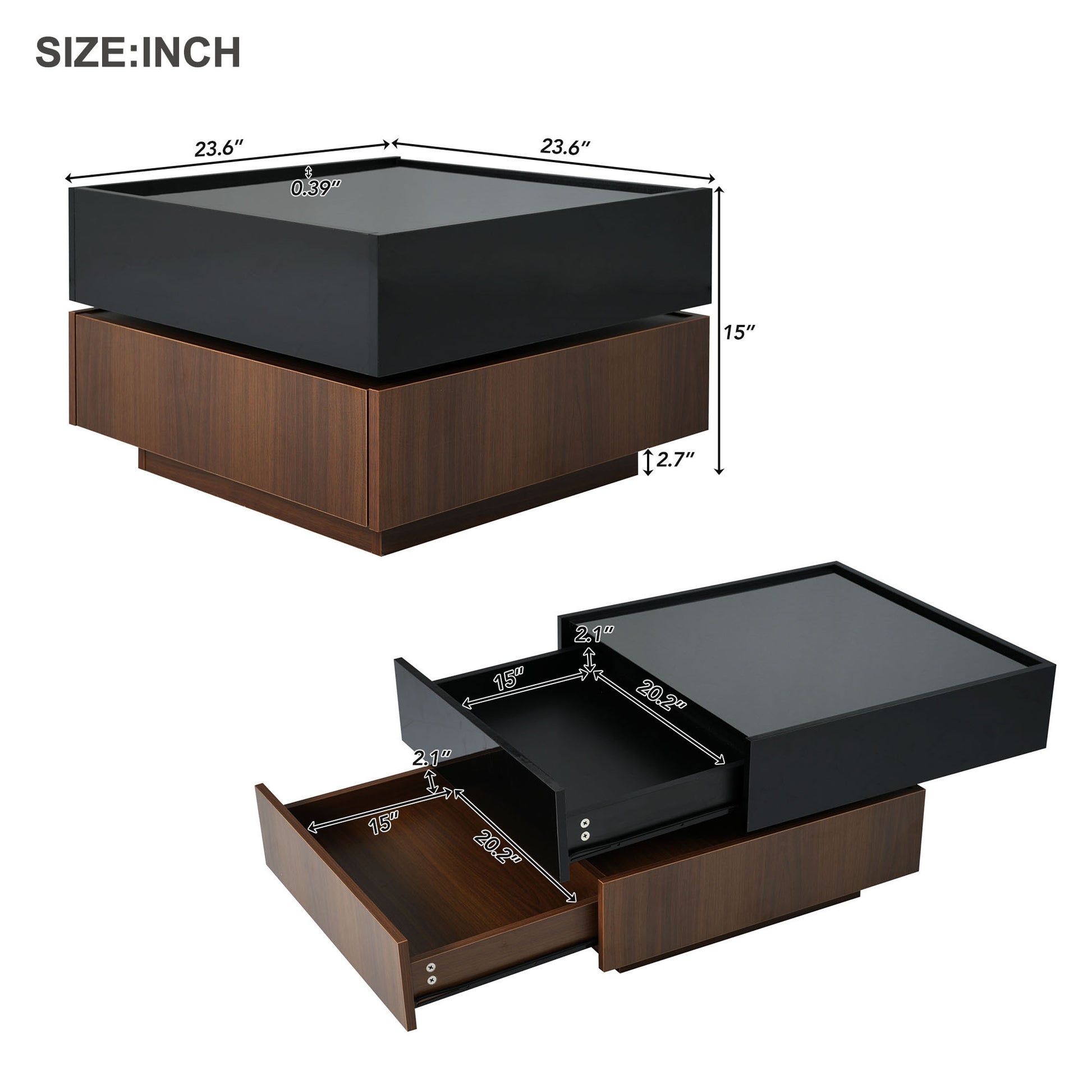 Multi Functional Square 360 Rotating Coffee Table With 2 Drawers, High Gloss 2 Tier Center Table With Swivel Tabletop And Storage, Walnut Table Frame Side Table For Living Room, Black Black Dark Walnut Primary Living Space Glossy Square Particle Board