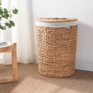 Ludmilla Round Tall Water Hyacinth Woven Wicker Laundry Hamper With Lid For Clothes, Canvas, Toys And Book Storage With Removable Liner 18" X 18" X 23" Natural Brown Natural & Light Brown Wicker Water Hyacinth