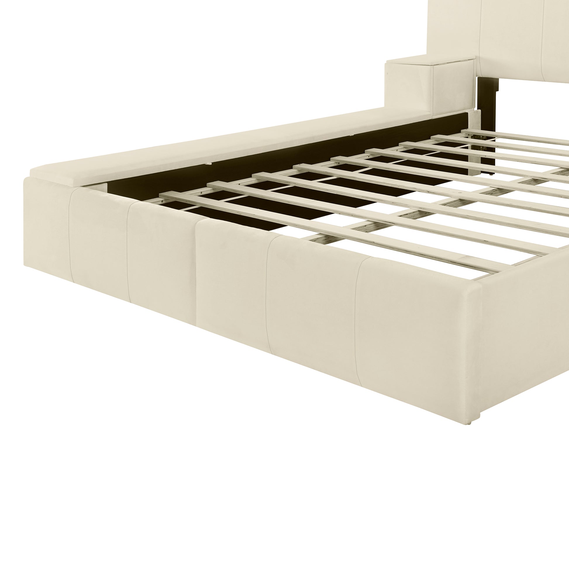 Queen Size Upholstered Platform Bed With Lateral Storage Compartments And Thick Fabric, Velvet, Beige Beige Velvet
