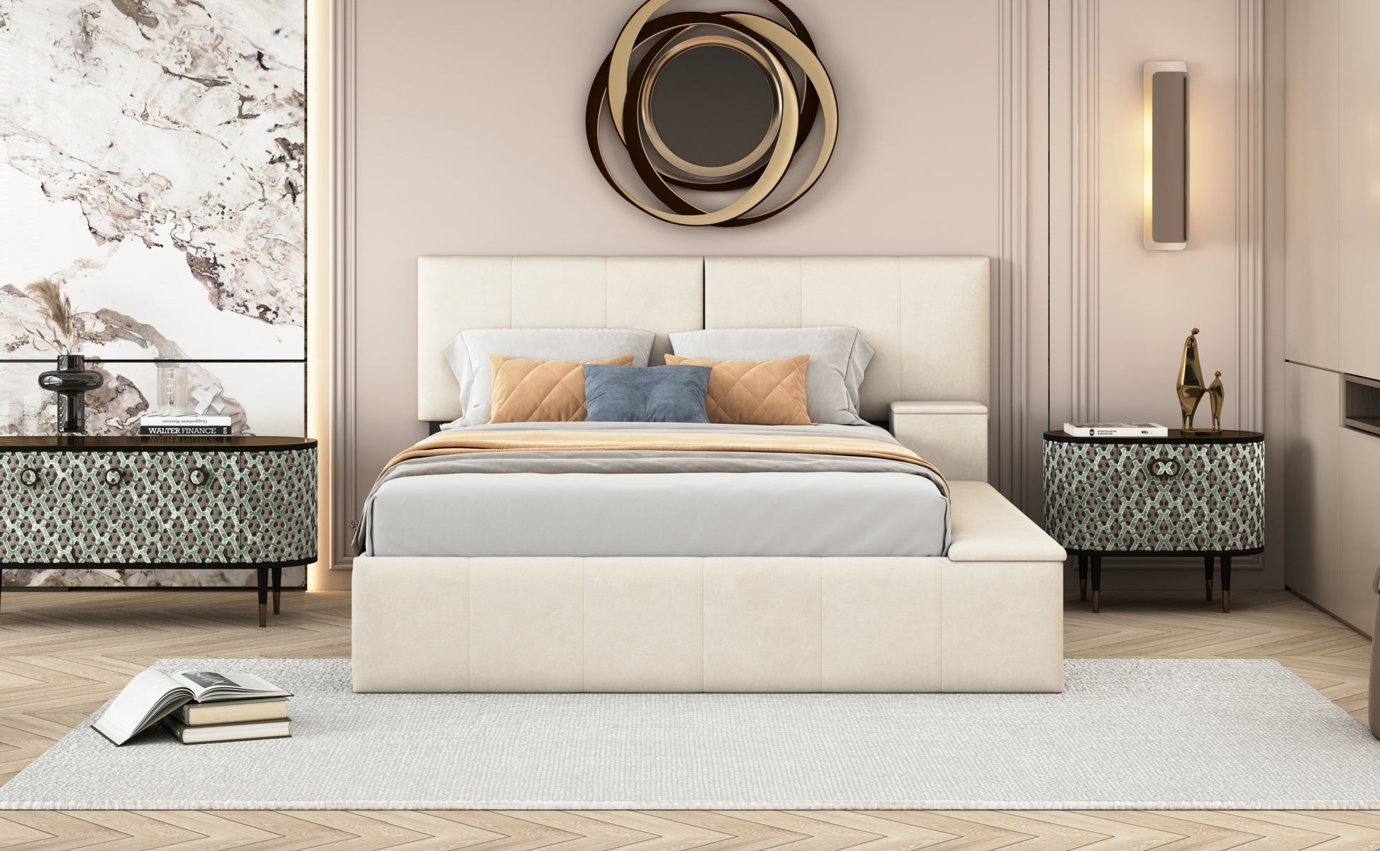 Queen Size Upholstered Platform Bed With Lateral Storage Compartments And Thick Fabric, Velvet, Beige Beige Velvet