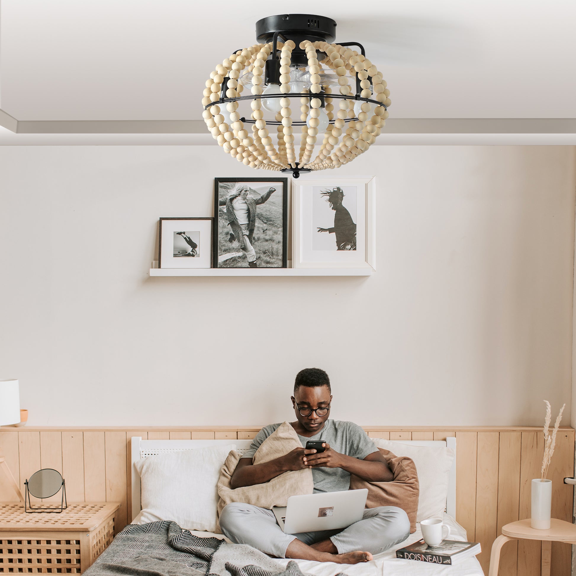 Beaded Fan Lamp Wood Beaded Chandelier Oak White White Modern Iron