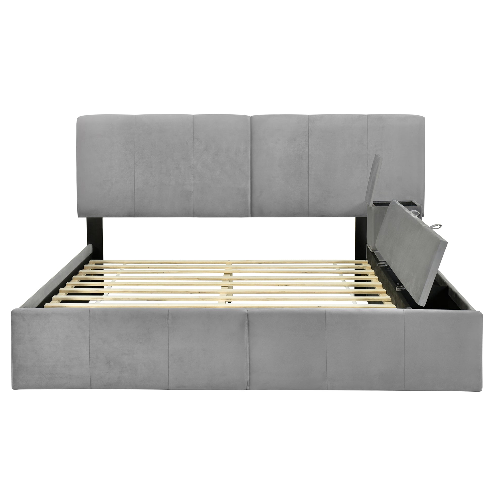 Queen Size Upholstered Platform Bed With Lateral Storage Compartments And Thick Fabric, Velvet, Gray Gray Velvet