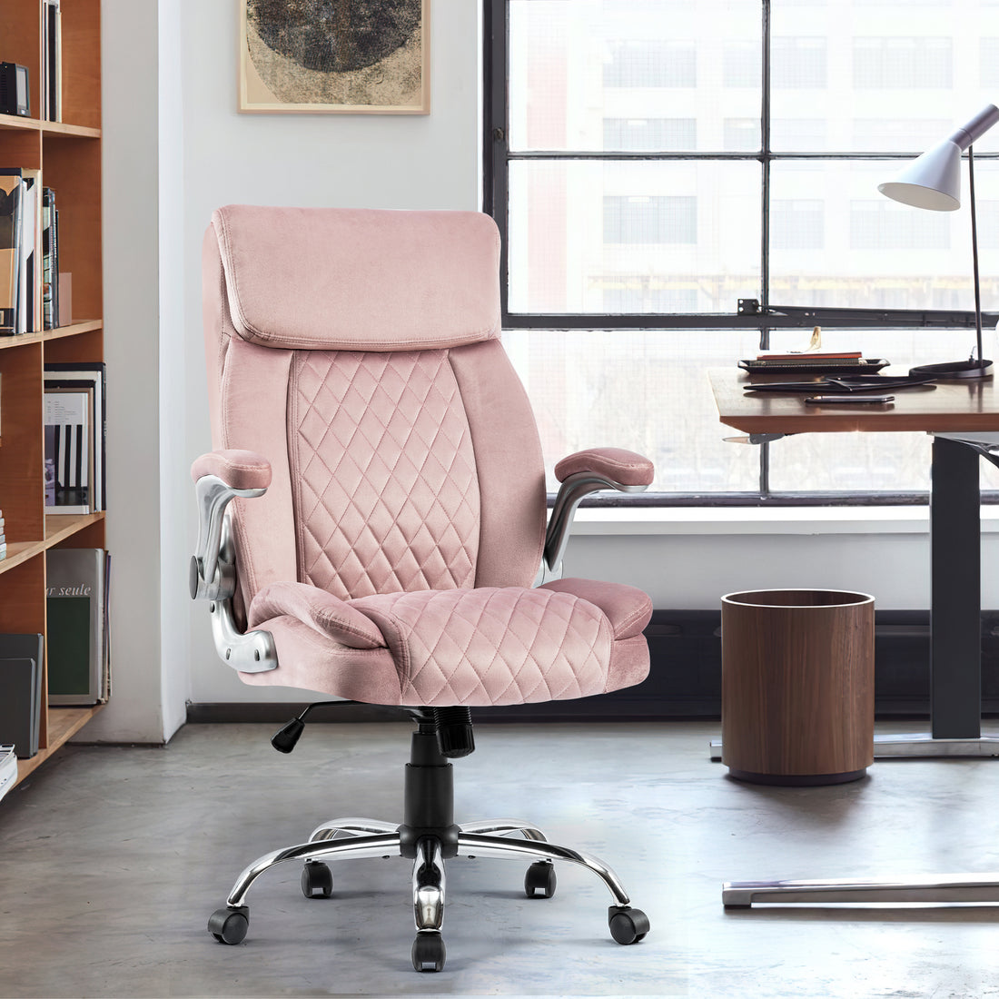 Swivel Office Room Chair Executive Desk Chair Velvet metal-pink-office-foam-modern-handle-office