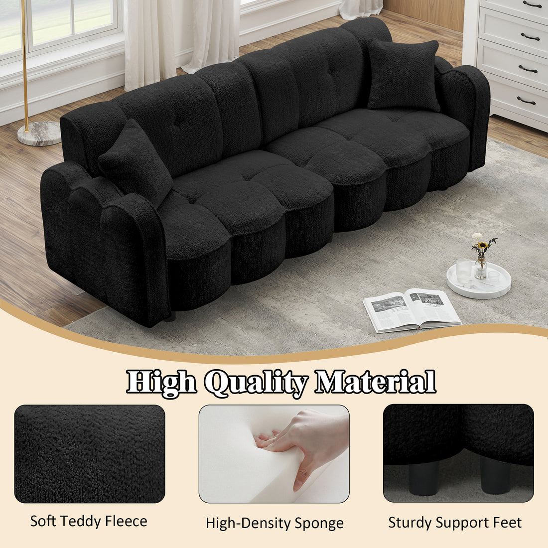 96.06 Inch Large Teddy Plush Sofa For Living Room And Entertainment Space. Black Brown Velvet Wood Primary Living Space Loose Back Medium Soft Contemporary Eucalyptus Square Arms Foam Foam 3 Seat