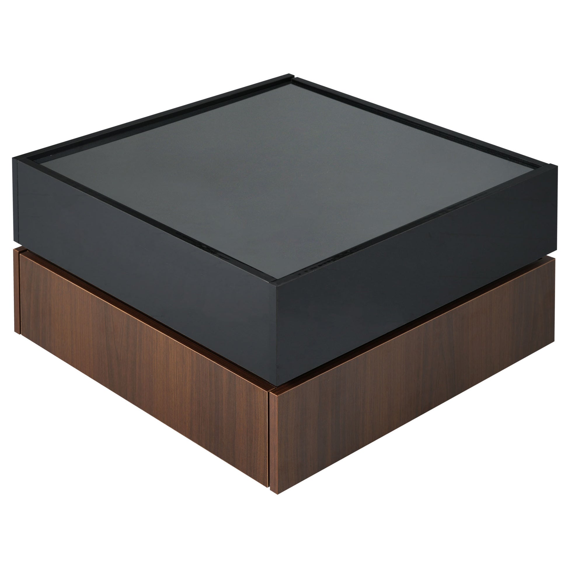 Multi Functional Square 360 Rotating Coffee Table With 2 Drawers, High Gloss 2 Tier Center Table With Swivel Tabletop And Storage, Walnut Table Frame Side Table For Living Room, Black Black Dark Walnut Primary Living Space Glossy Square Particle Board