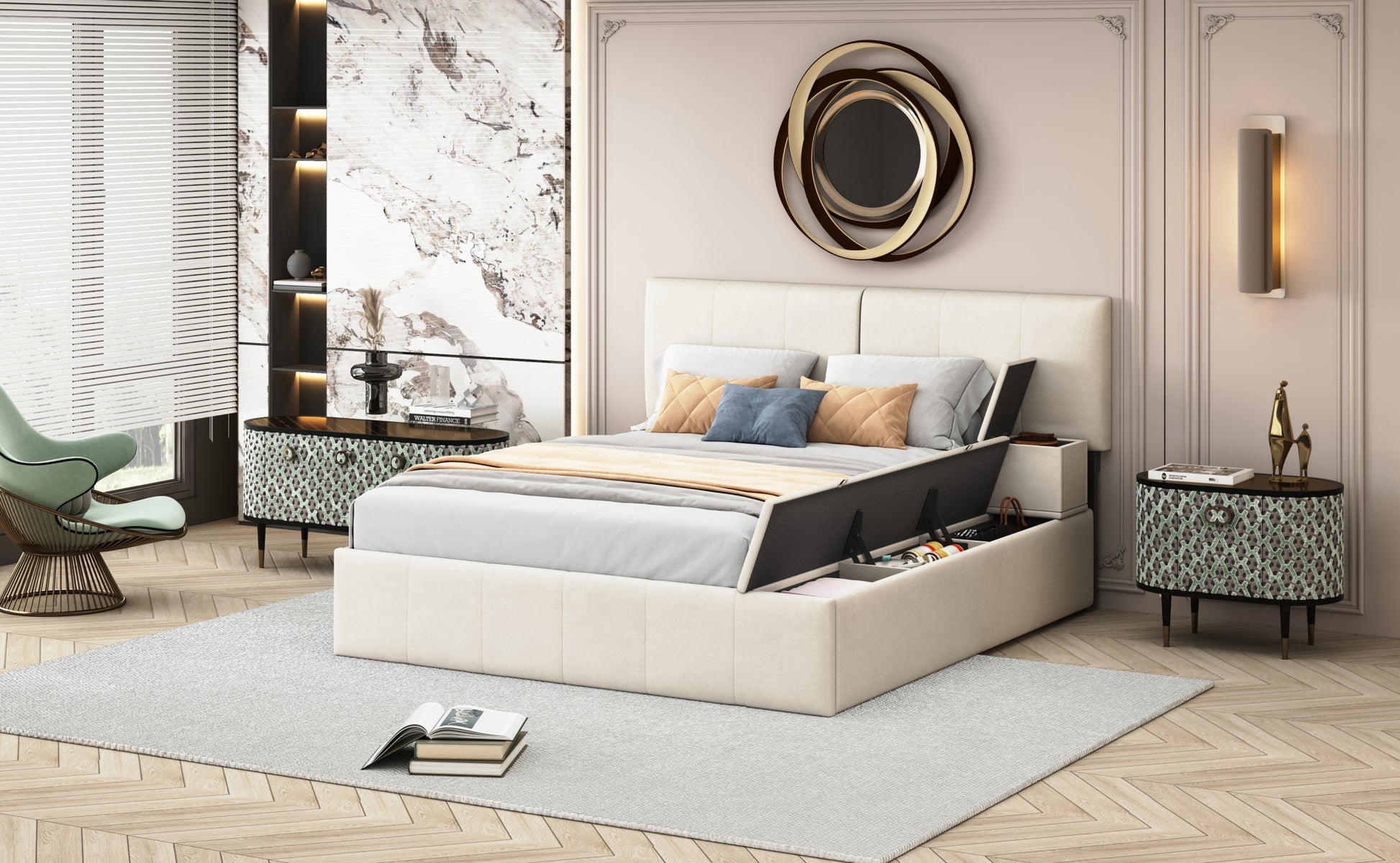 Queen Size Upholstered Platform Bed With Lateral Storage Compartments And Thick Fabric, Velvet, Beige Beige Velvet