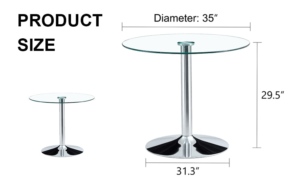 A Glass Tabletop With A Diameter Of 35 Inches And A Modern Minimalist Circular Dining Table With Electroplated Silver Metal Legs. Suitable For Restaurants, Living Rooms, And Conference Rooms.Dt 1166 Transparent Glass