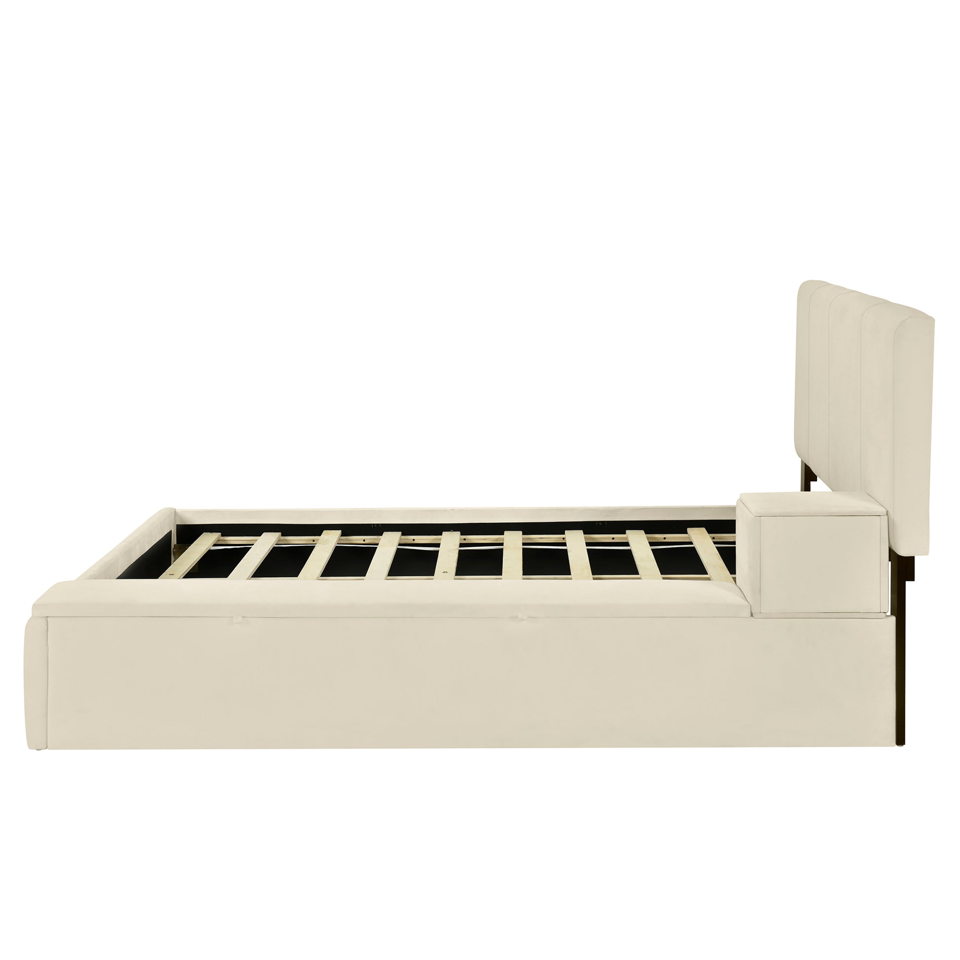 Full Size Upholstered Platform Bed With Lateral Storage Compartments And Thick Fabric, Velvet, Beige Beige Velvet