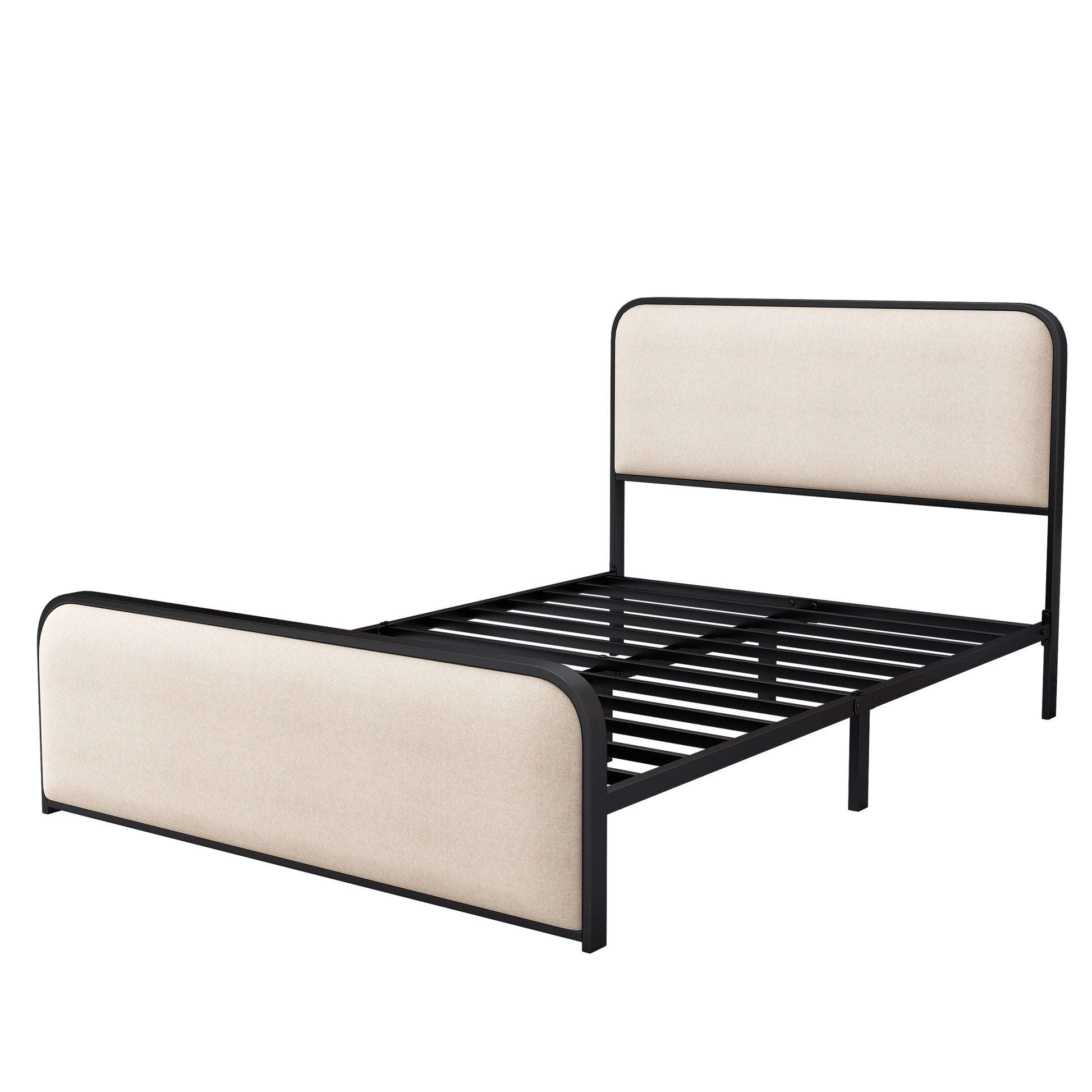 Modern Metal Bed Frame With Curved Upholstered Headboard And Footboard Bed With Under Bed Storage, Heavy Duty Metal Slats, Full Size, Beige Full Beige Metal Modern Metal