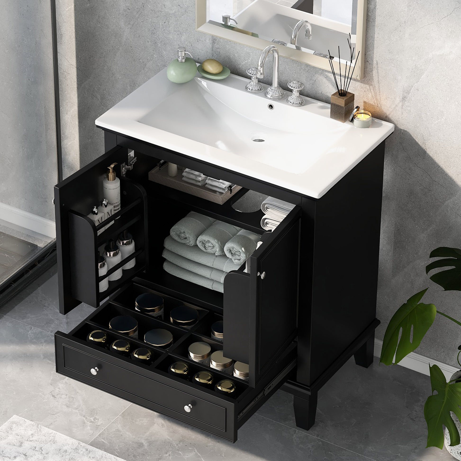 30" Bathroom Vanity With Sink Combo, Multi Functional Bathroom Cabinet With Doors And Drawer, Solid Wood And Mdf Board, Black Black Solid Wood Mdf