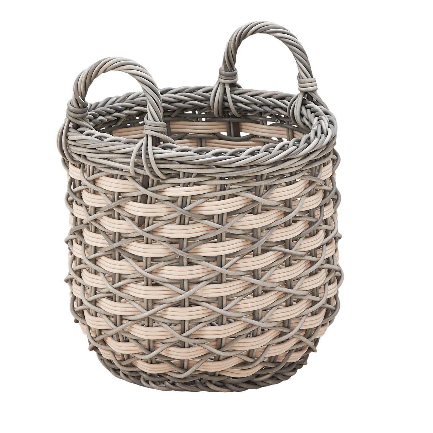 Zita Round Resin Woven Wicker Multi Use Storage Basket With Handles 18" X 18" X 19.6" White Gray For Towel, Toys, Magazines Storage And Home Decoration Cream Grey Wicker Wicker