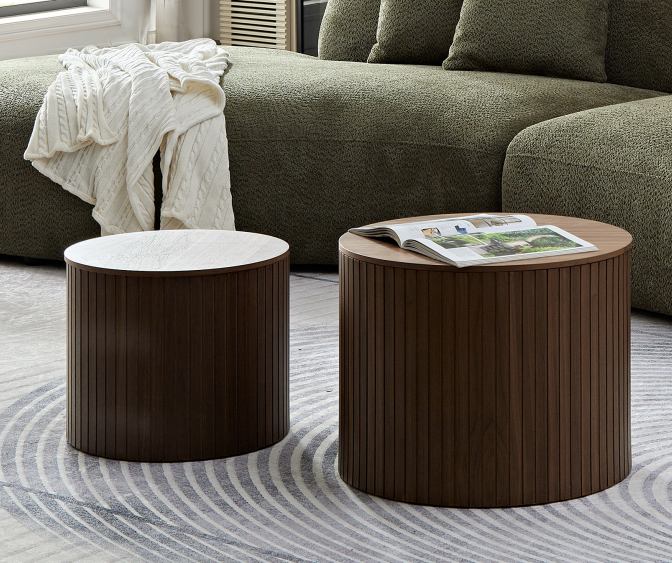 Mdf Nested Table Set 2 Pieces, Handcrafted Round Coffee Table In Living Lounge Area, Walnut Color Walnut Primary Living Space Casual,Chinese Freestanding Round Open Storage Round Coffee & End Tables Mdf Mdf