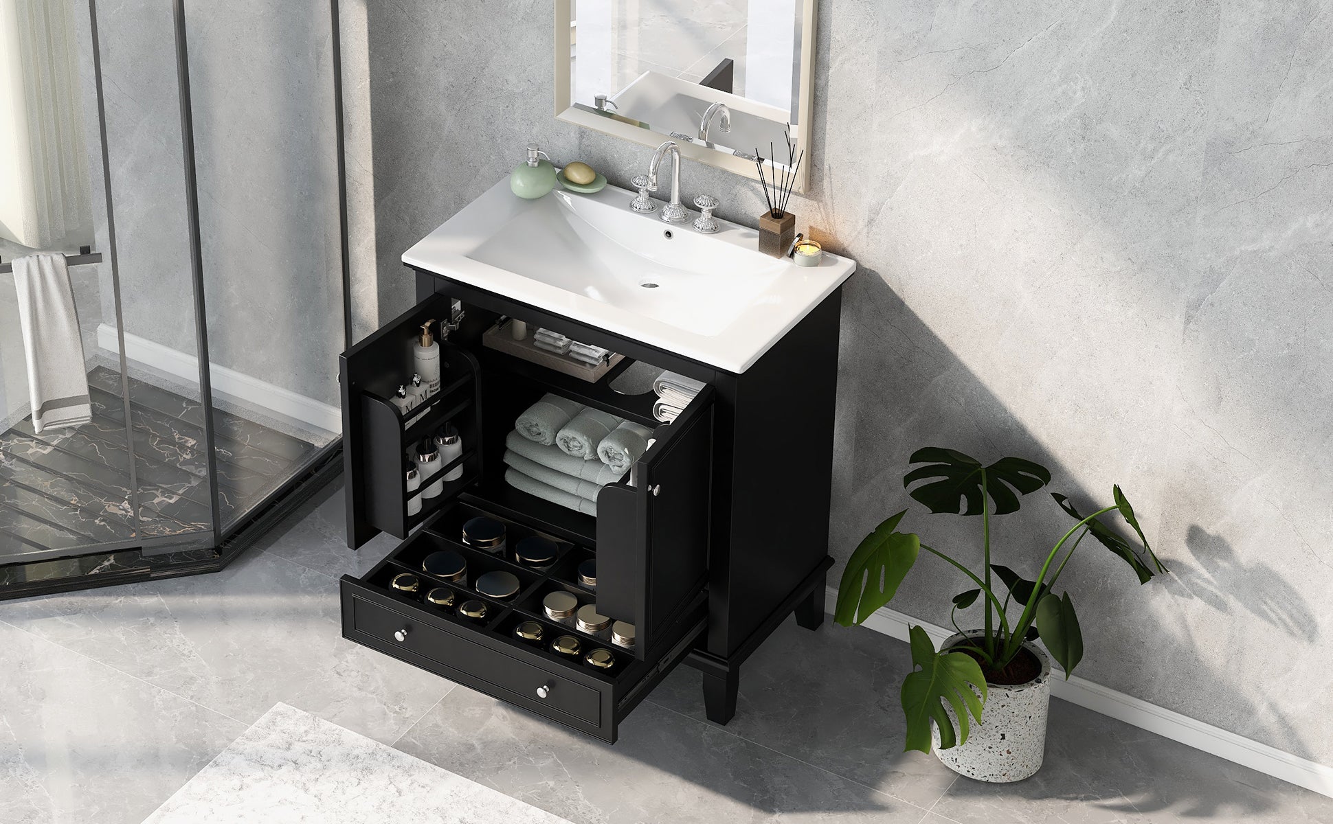 30" Bathroom Vanity With Sink Combo, Multi Functional Bathroom Cabinet With Doors And Drawer, Solid Wood And Mdf Board, Black Black Solid Wood Mdf