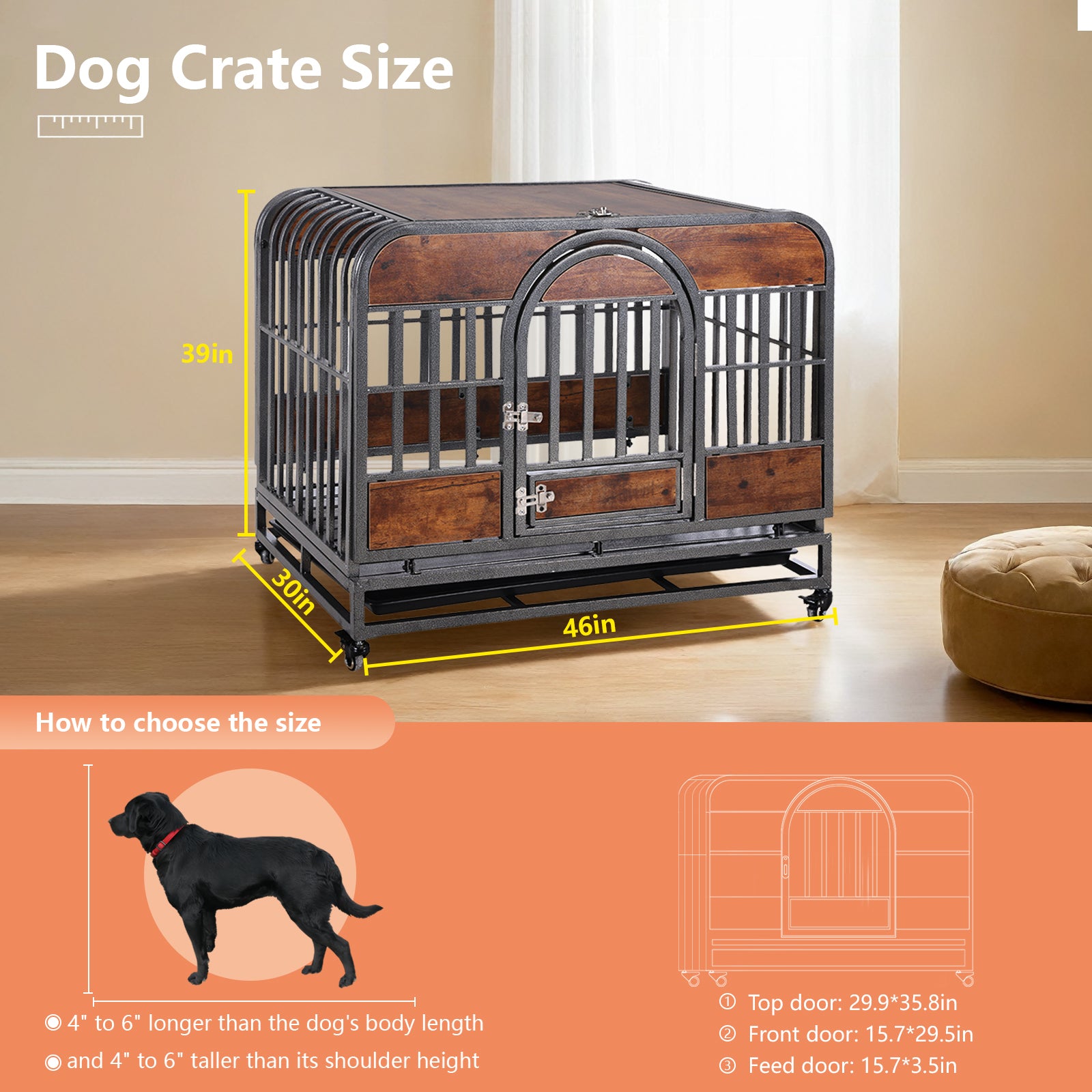 46In Heavy Duty Dog Crate, Furniture Style Dog Crate With Removable Trays And Wheels For High Anxiety Dogs Brown Abs Abs