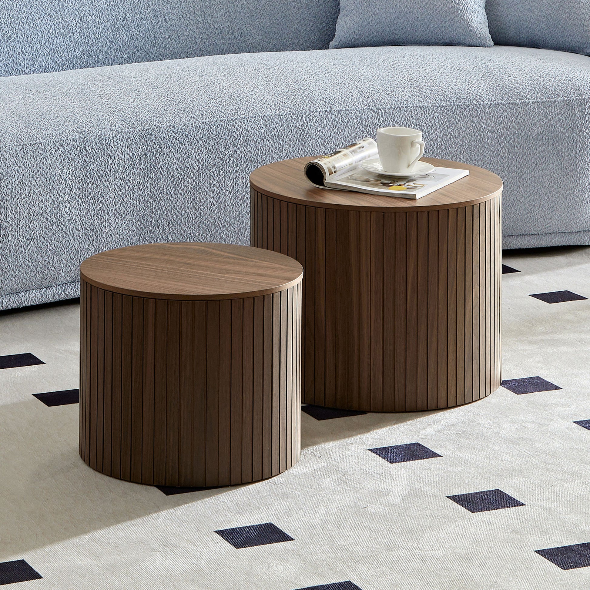 Mdf Nested Table Set 2 Pieces, Handcrafted Round Coffee Table In Living Lounge Area, Walnut Color Walnut Primary Living Space Casual,Chinese Freestanding Round Open Storage Round Coffee & End Tables Mdf Mdf