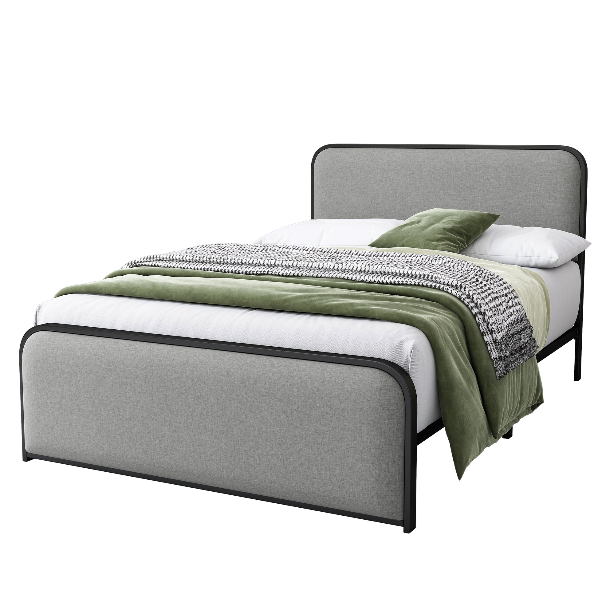 Modern Metal Bed Frame With Curved Upholstered Headboard And Footboard Bed With Under Bed Storage, Heavy Duty Metal Slats, Full Size, Grey Grey Metal Modern Metal