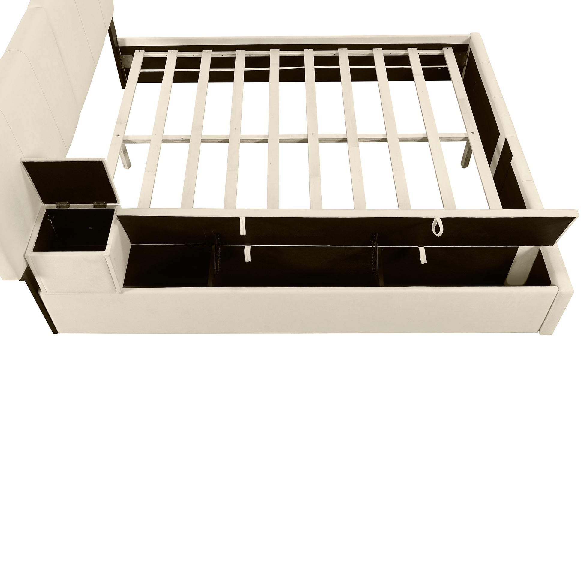 Queen Size Upholstered Platform Bed With Lateral Storage Compartments And Thick Fabric, Velvet, Beige Beige Velvet