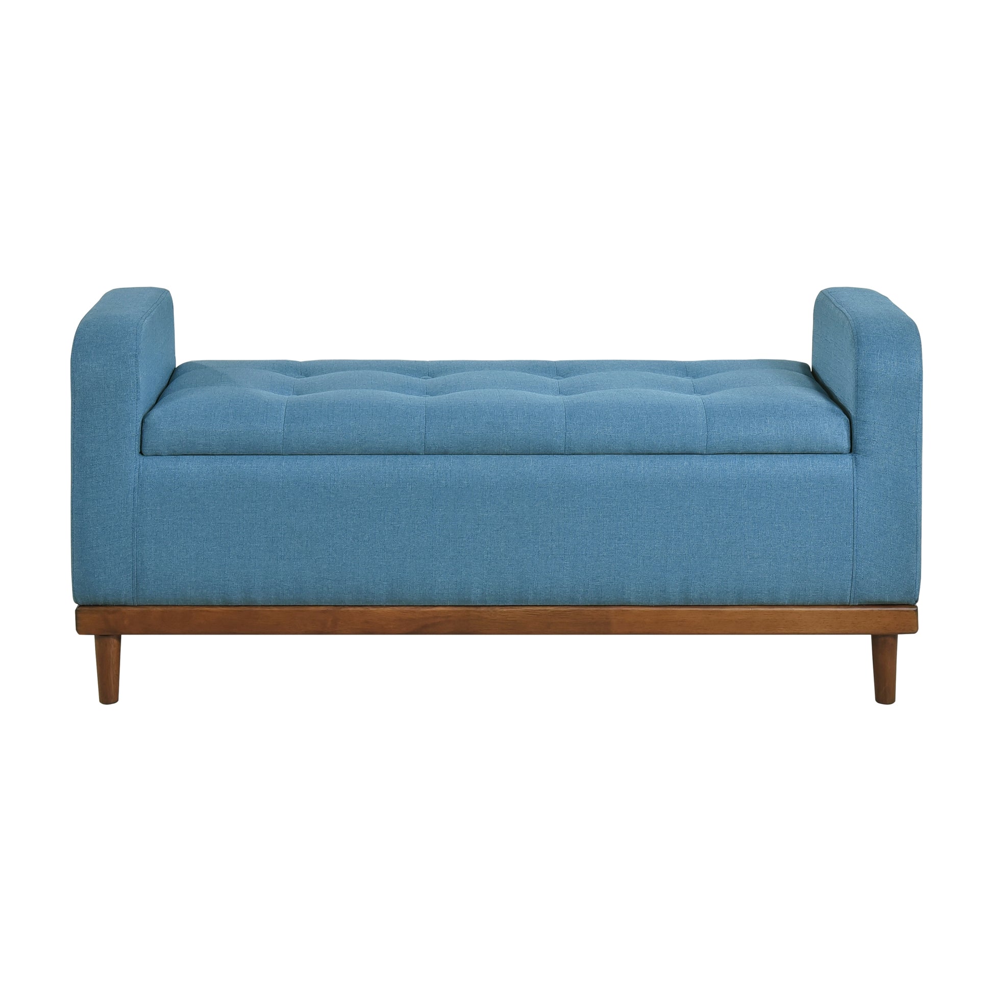 Mid Century Modern Lift Top Storage Bench 1Pc Tufted Blue Upholstered Solid Wood Walnut Finish Wooden Furniture Blue Bedroom Mid Century Modern Flip Top Wood