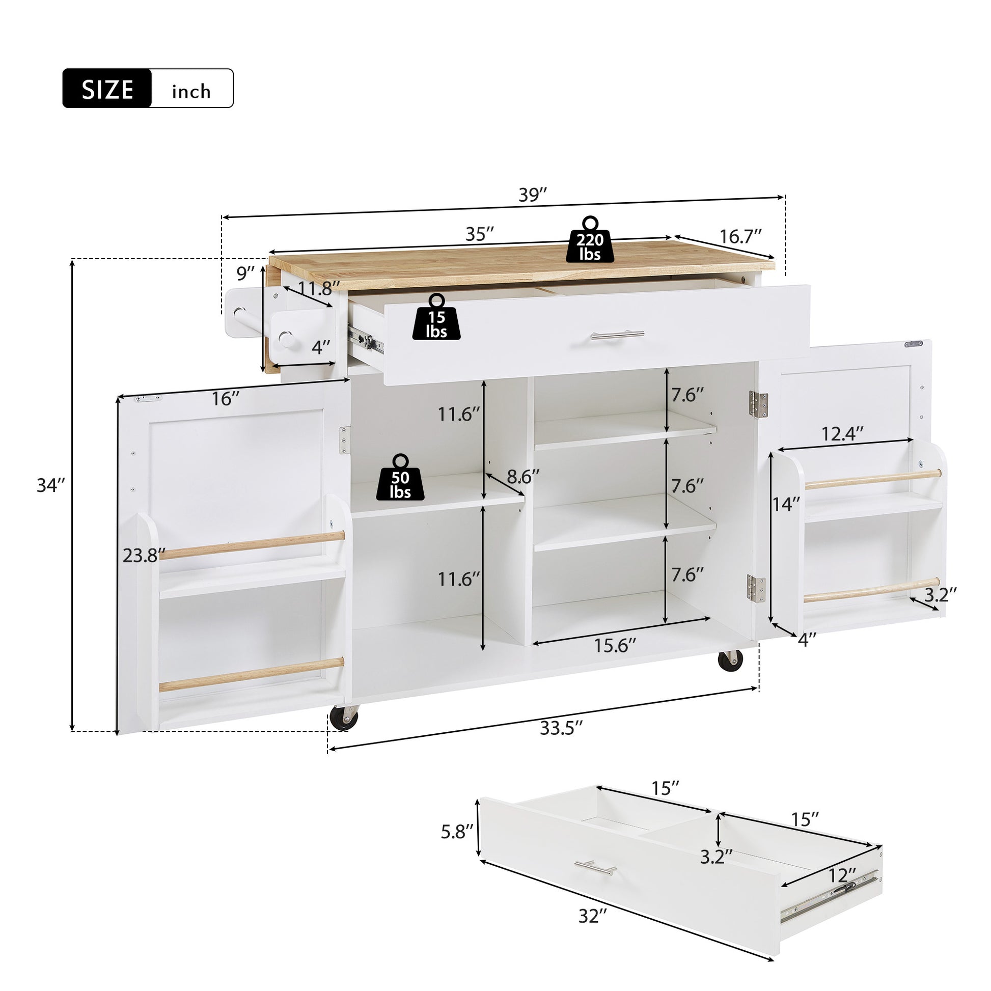 K&K Rolling Kitchen Island with Storage, Kitchen Cart