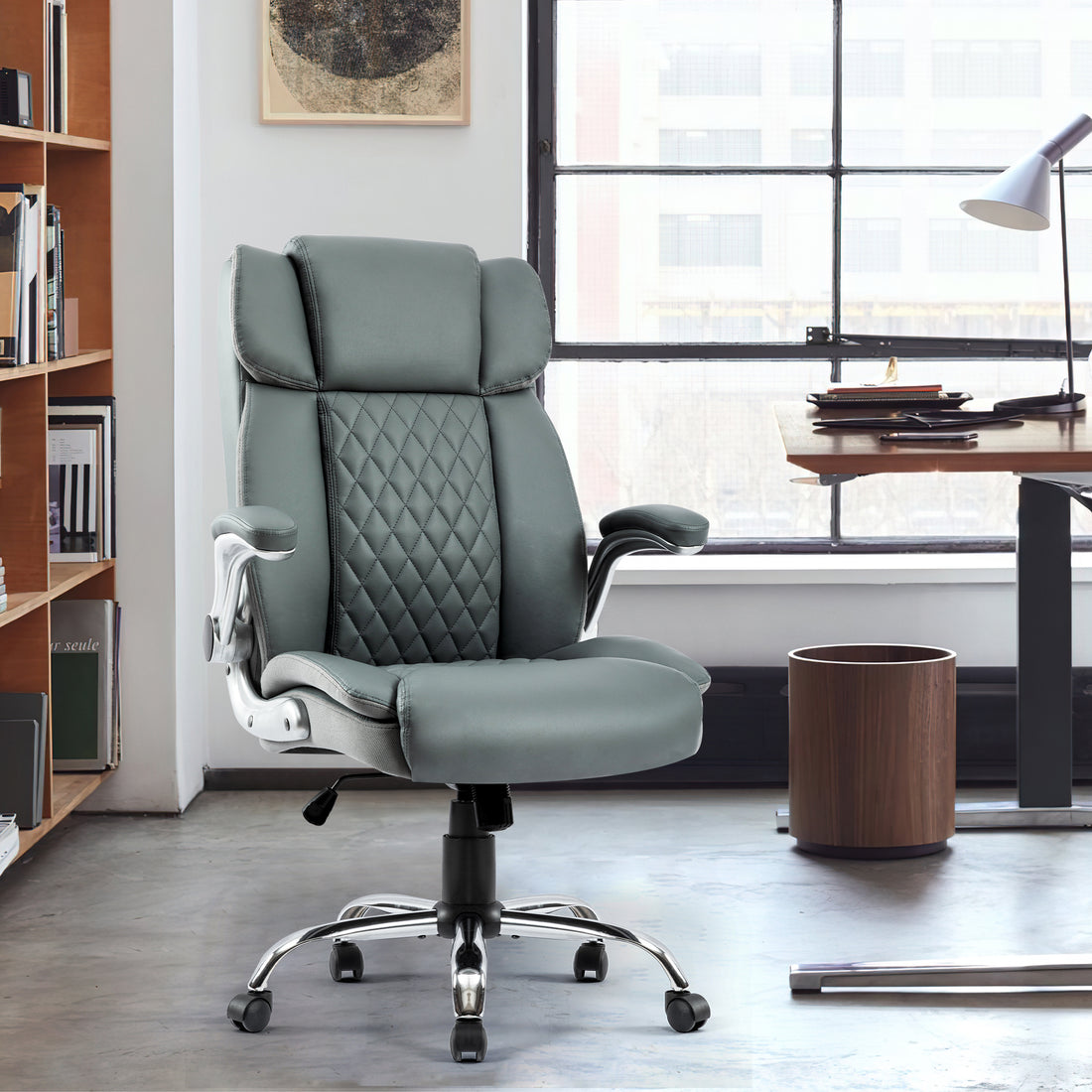 Swivel Office Room Chair Executive Desk Chair Velvet Metal Gray Office Foam Antique,Modern Handle Office Chairs Solid Back Foam Adjustable Height Pu Leather