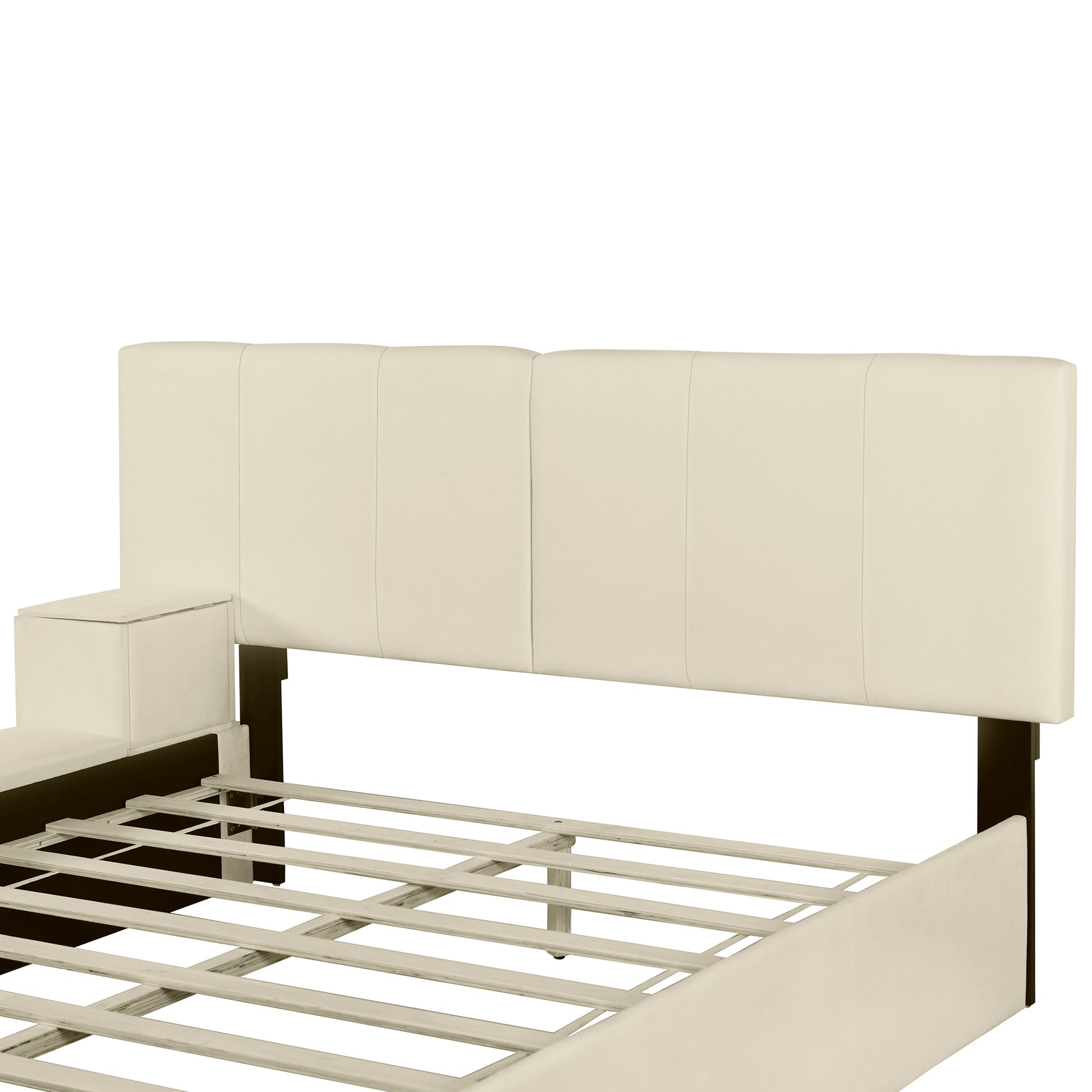 Queen Size Upholstered Platform Bed With Lateral Storage Compartments And Thick Fabric, Velvet, Beige Beige Velvet
