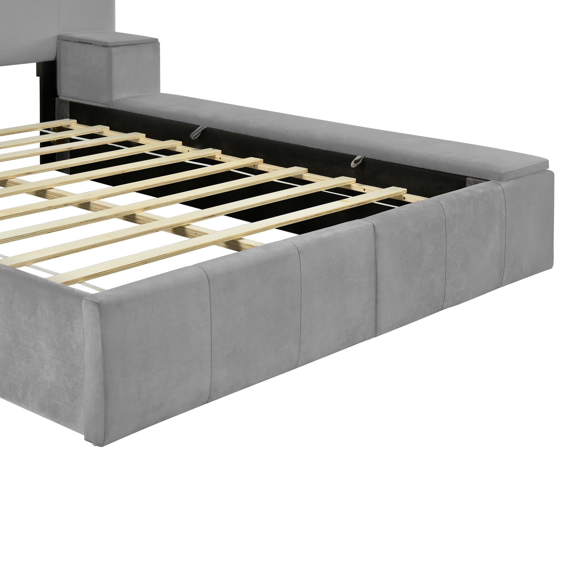 Queen Size Upholstered Platform Bed With Lateral Storage Compartments And Thick Fabric, Velvet, Gray Gray Velvet